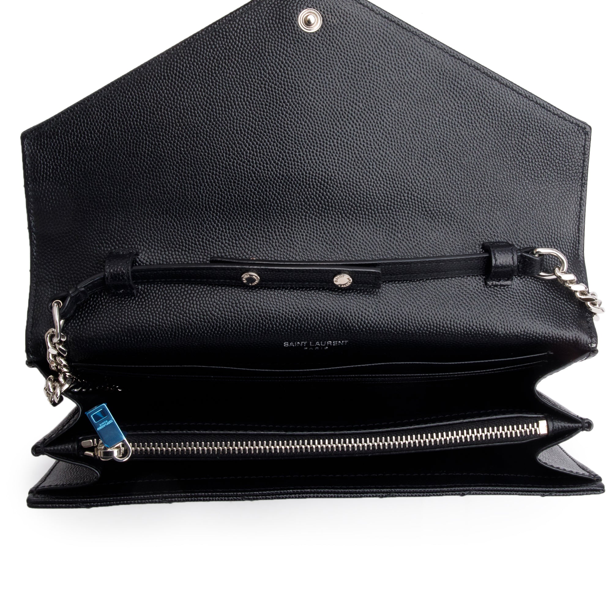 Saint Laurent Black Grain De Poudre Cassandre Envelope Chain Wallet