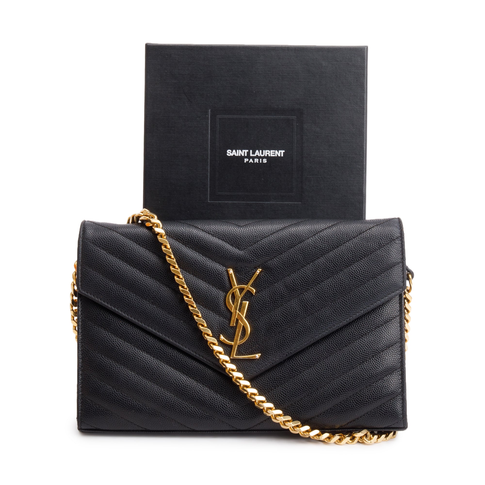 Saint Laurent Black Grain De Poudre Cassandre Envelope Chain Wallet w/ Box