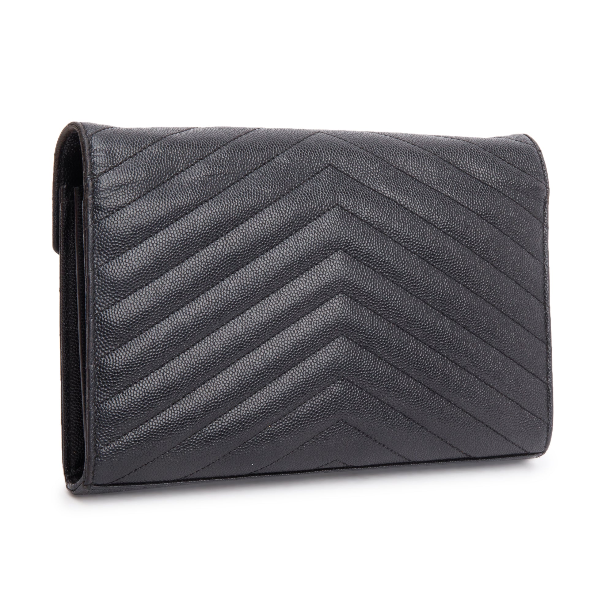 Saint Laurent Black Grain De Poudre Cassandre Envelope Chain Wallet w/ Box