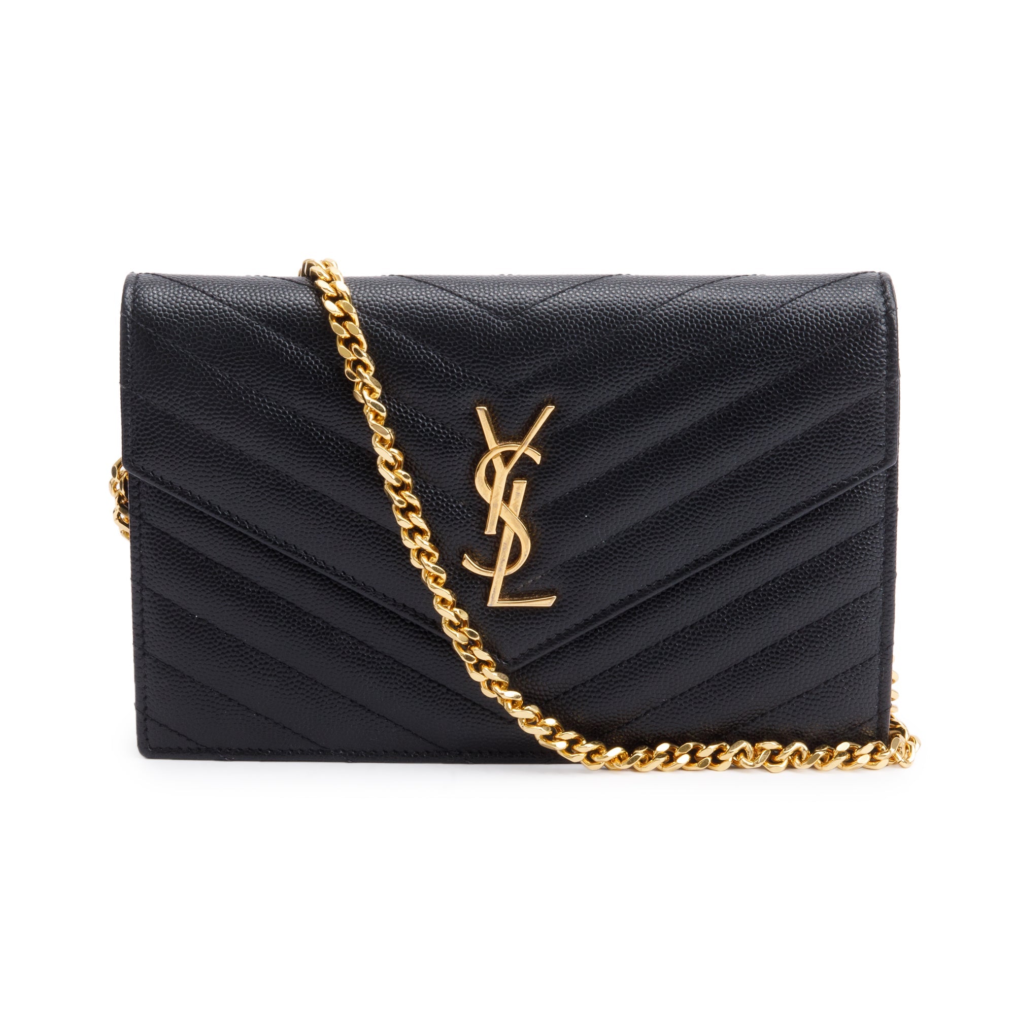 Saint Laurent Black Grain De Poudre Cassandre Envelope Chain Wallet