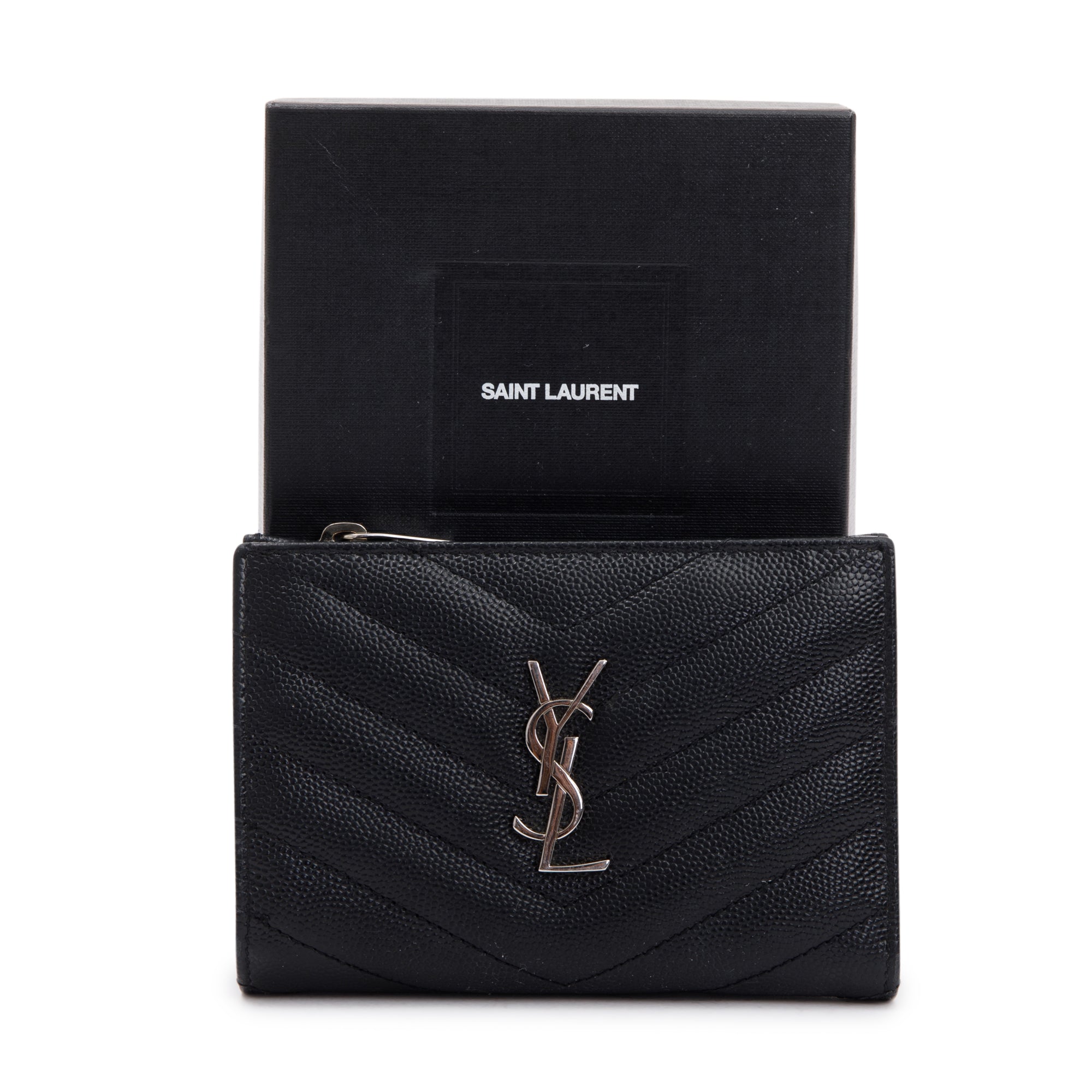 Saint Laurent Black Grain De Poudre Cassandre Matelasse Fragments Zipped Bi-Fold Wallet
