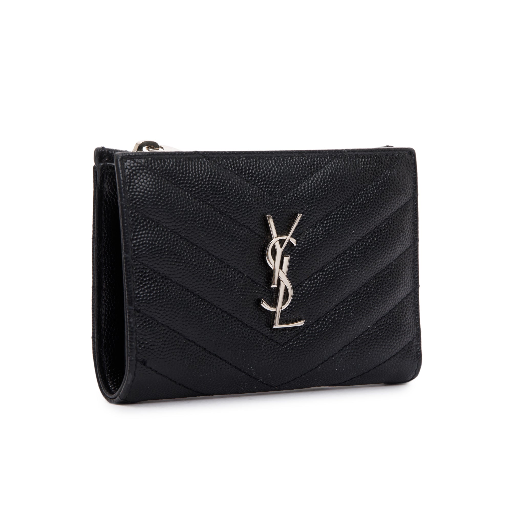 Saint Laurent Black Grain De Poudre Cassandre Matelasse Fragments Zipped Bi-Fold Wallet