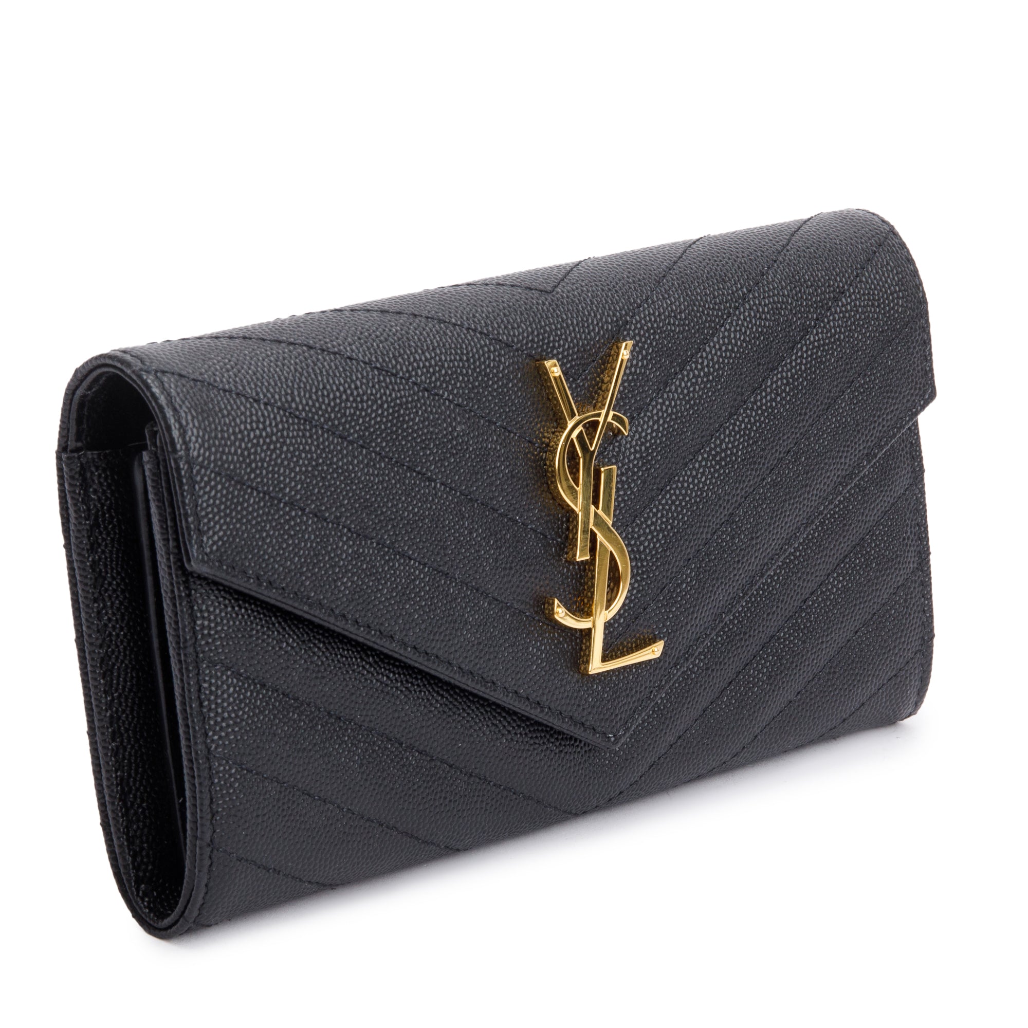 Saint Laurent Black Grain De Poudre Cassandre Matelasse Large Flap Wallet w/ Box