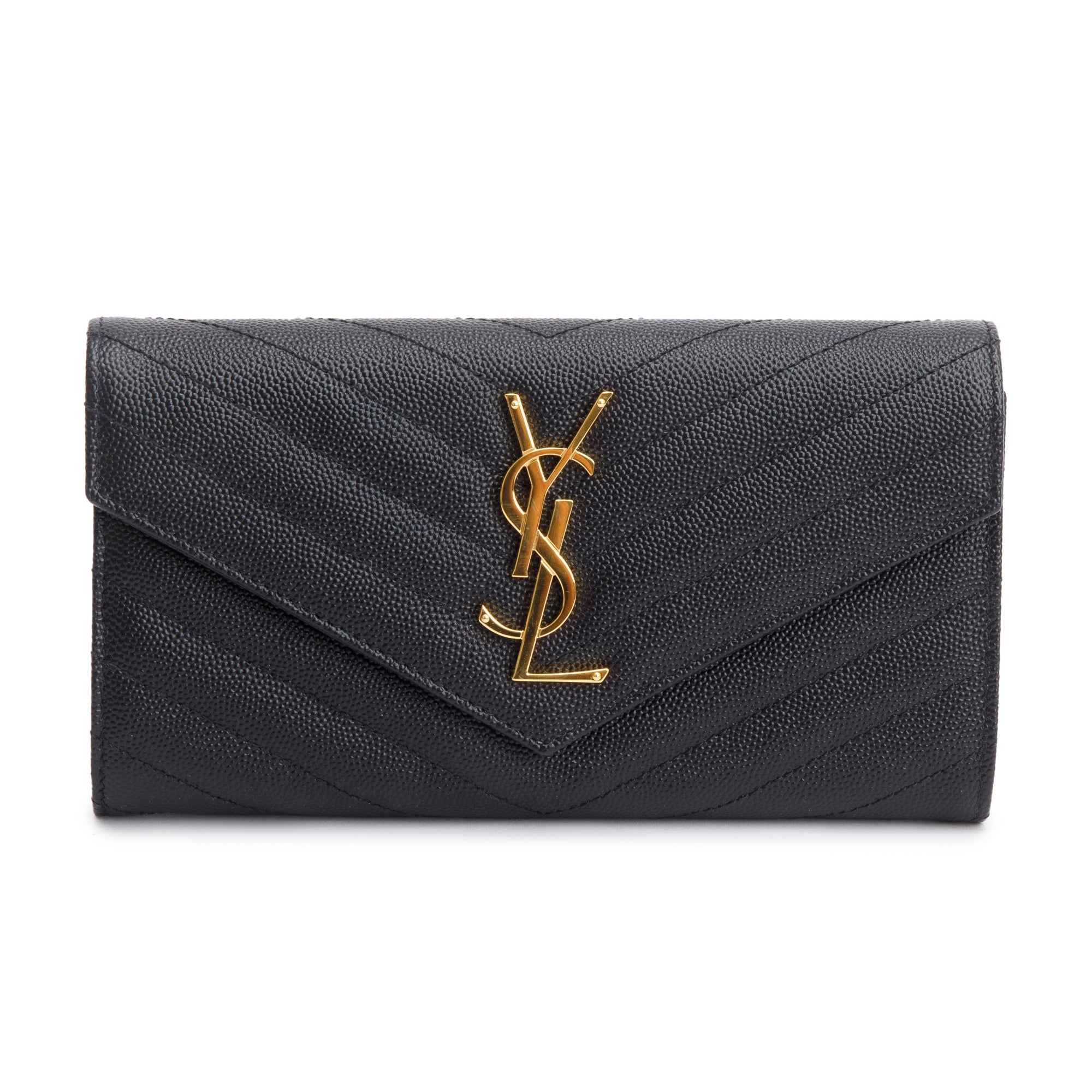 Saint Laurent Black Grain De Poudre Cassandre Matelasse Large Flap Wallet w/ Box