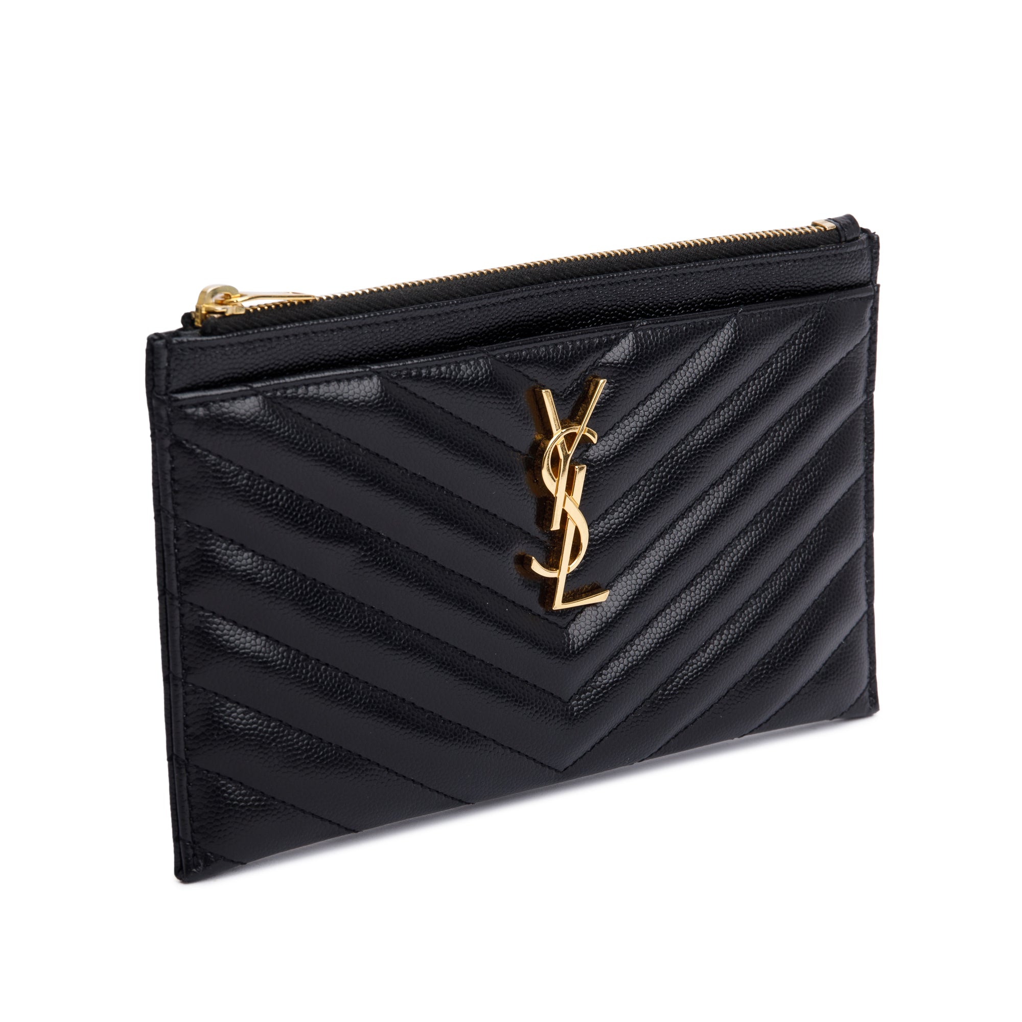 Saint Laurent Black Grain De Poudre Embossed Leather Cassandre Matelasse Zipped Pouch w/ Box
