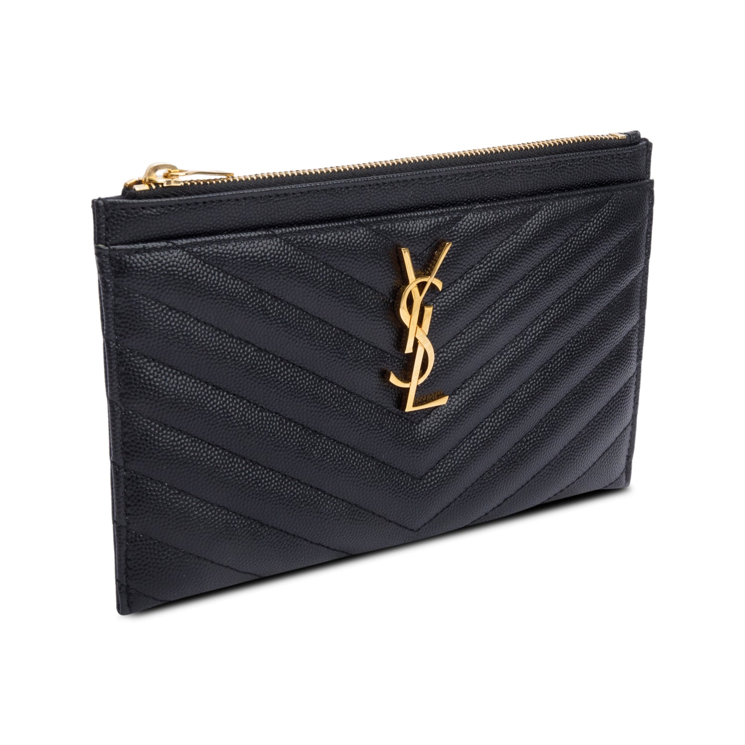 Saint Laurent Black Grain De Poudre Embossed Leather Cassandre Matelasse Zipped Pouch w/ Box
