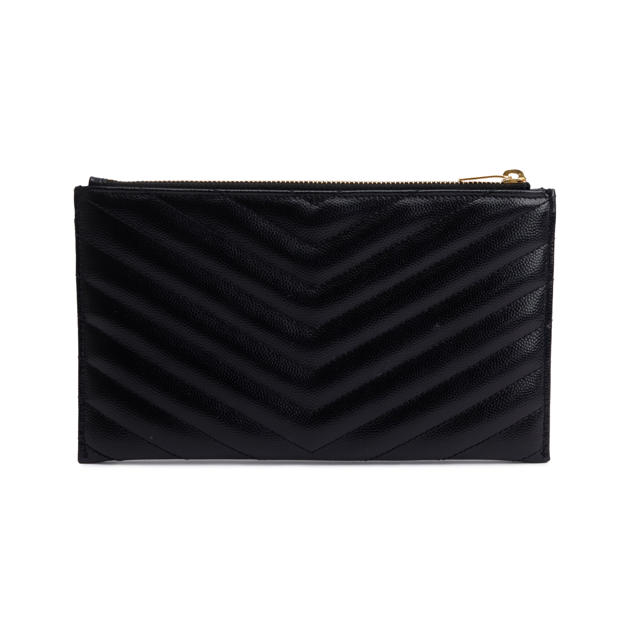 Saint Laurent Black Grain De Poudre Embossed Leather Cassandre Matelasse Zipped Pouch w/ Box
