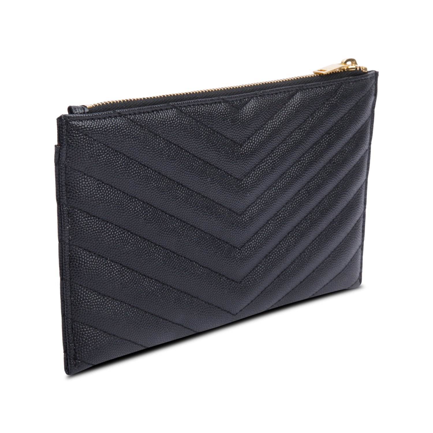 Saint Laurent Black Grain De Poudre Embossed Leather Cassandre Matelasse Zipped Pouch w/ Box