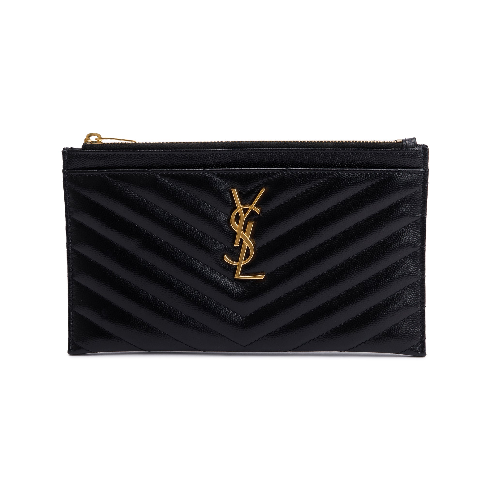 Saint Laurent Black Grain De Poudre Embossed Leather Cassandre Matelasse Zipped Pouch w/ Box