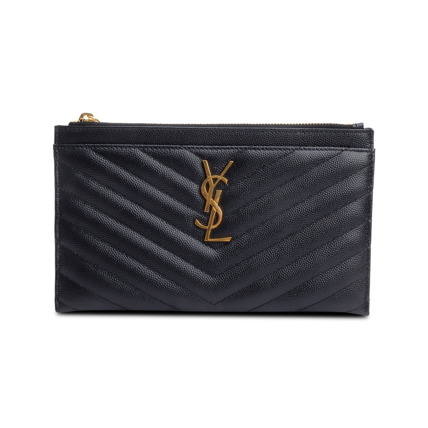 Saint Laurent Black Grain De Poudre Embossed Leather Cassandre Matelasse Zipped Pouch w/ Box