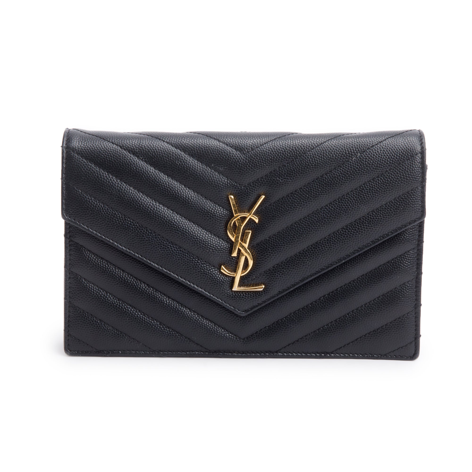 Saint Laurent Black Grain De Poudre Leather Cassandre Envelope Chain Wallet