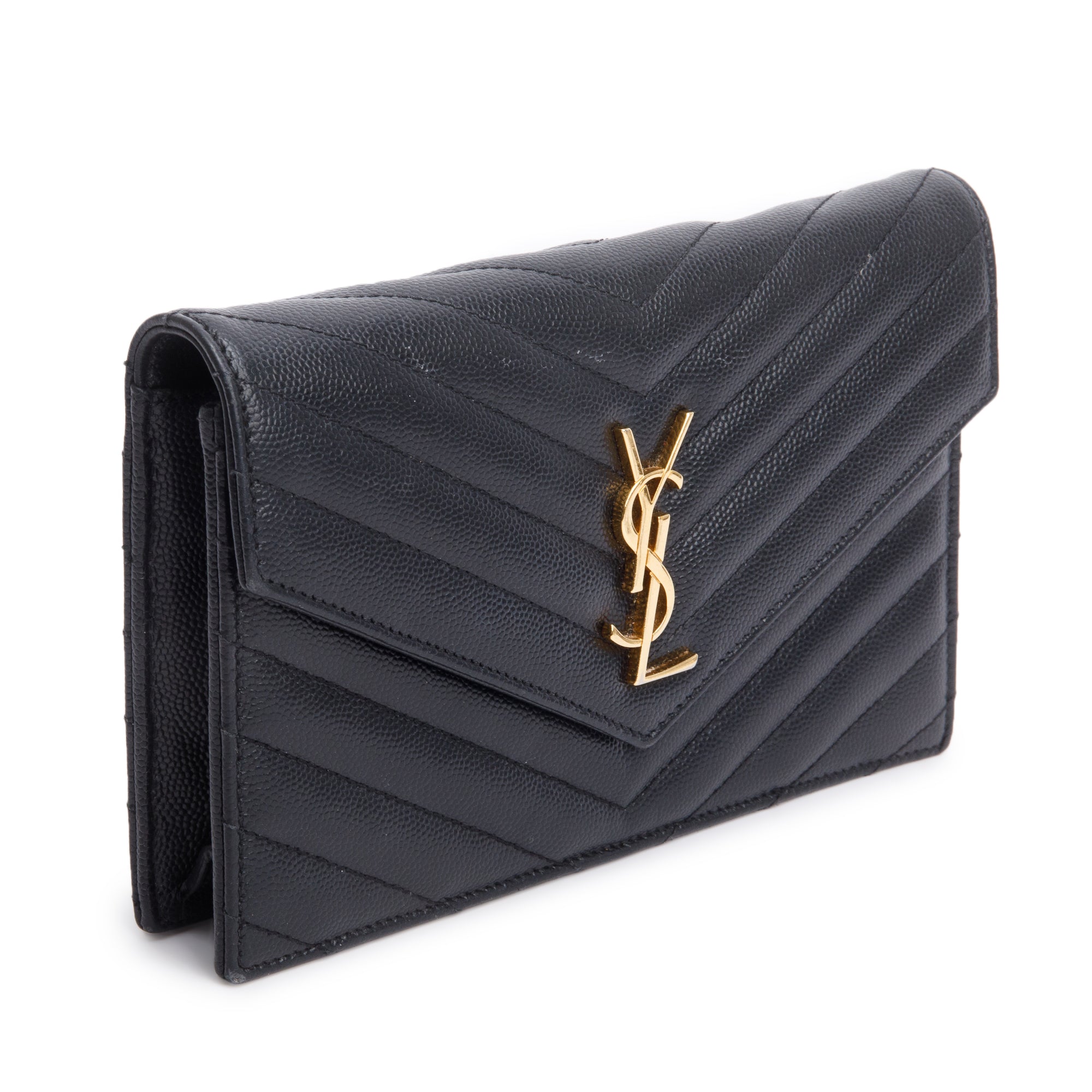 Saint Laurent Black Grain De Poudre Leather Cassandre Envelope Chain Wallet