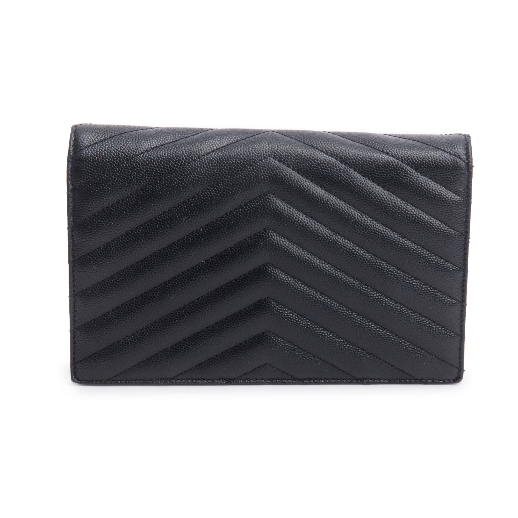 Saint Laurent Black Grain De Poudre Leather Cassandre Envelope Chain Wallet