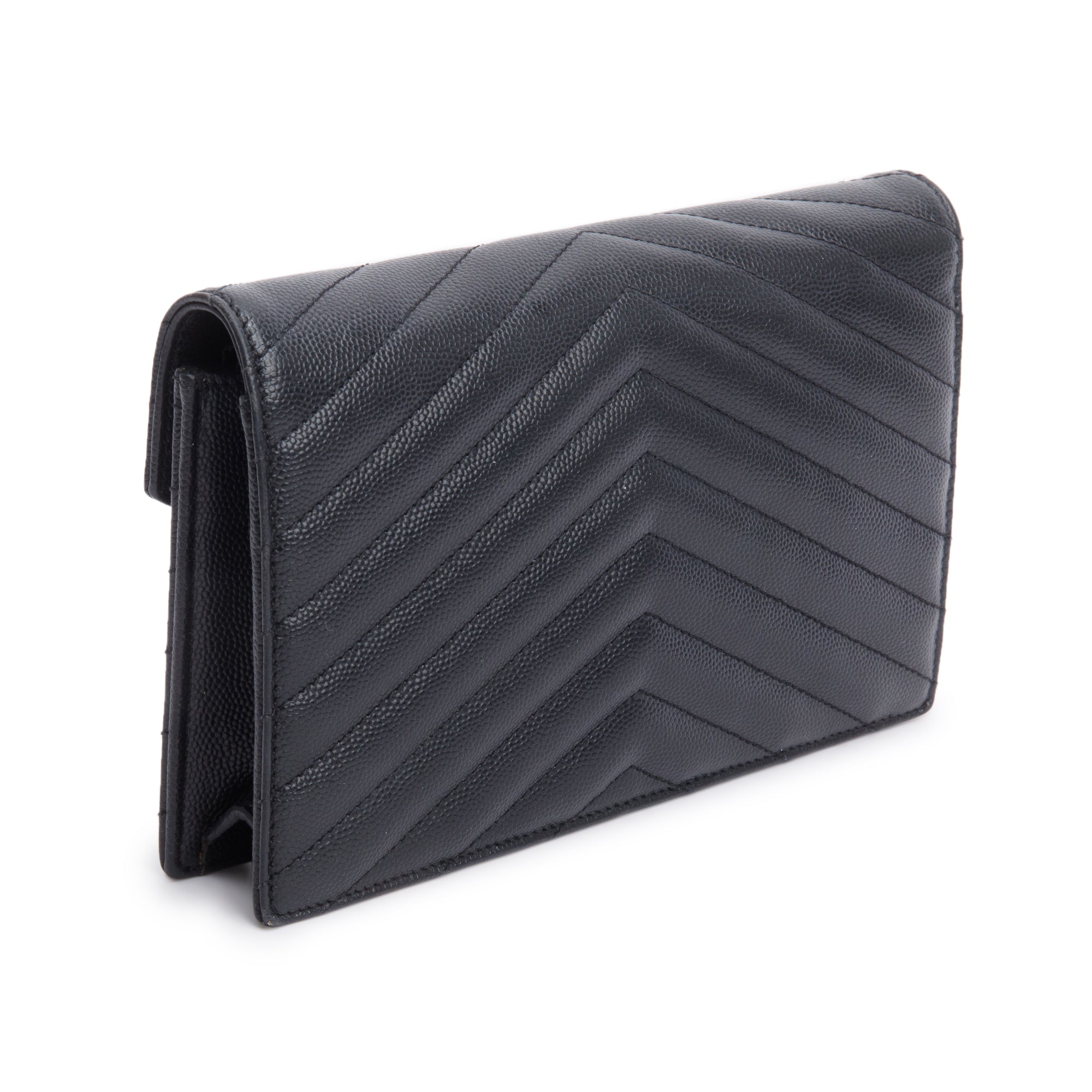 Saint Laurent Black Grain De Poudre Leather Cassandre Envelope Chain Wallet