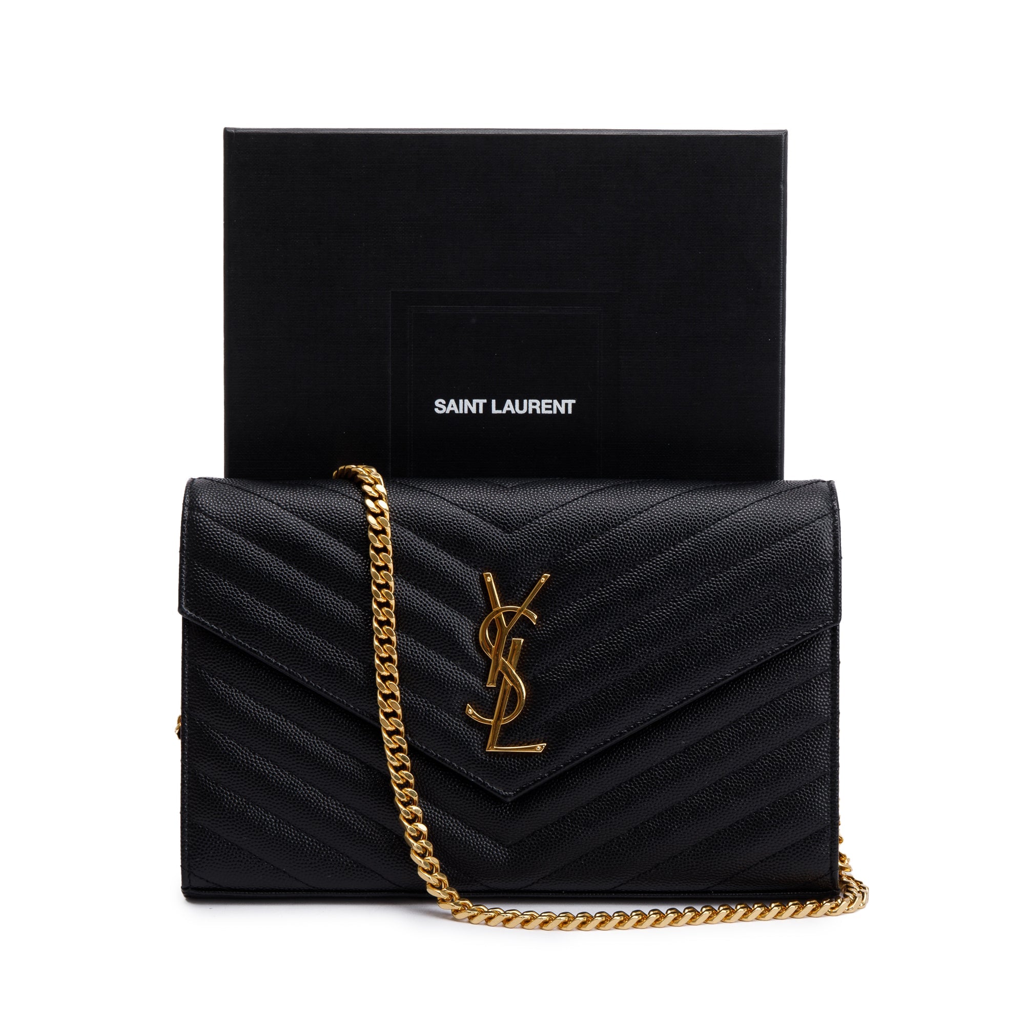 Saint Laurent Black Grain De Poudre Leather Cassandre Matelasse Chain Wallet w/ Box