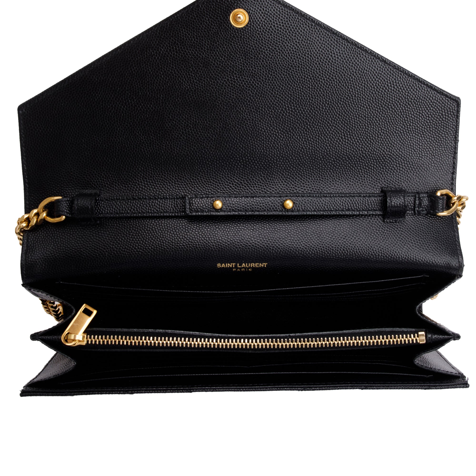 Saint Laurent Black Grain De Poudre Leather Cassandre Matelasse Chain Wallet w/ Box