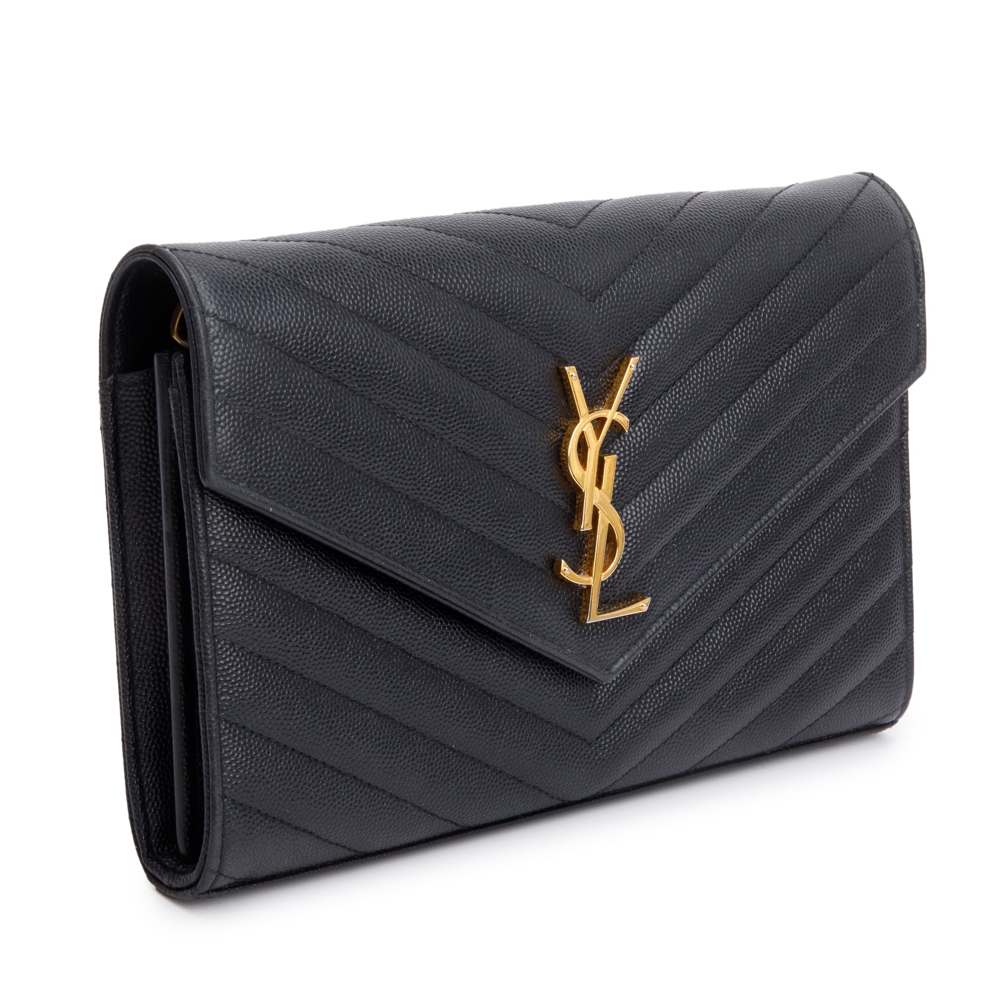 Saint Laurent Black Grain De Poudre Leather Cassandre Matelasse Chain Wallet w/ Box & Receipt