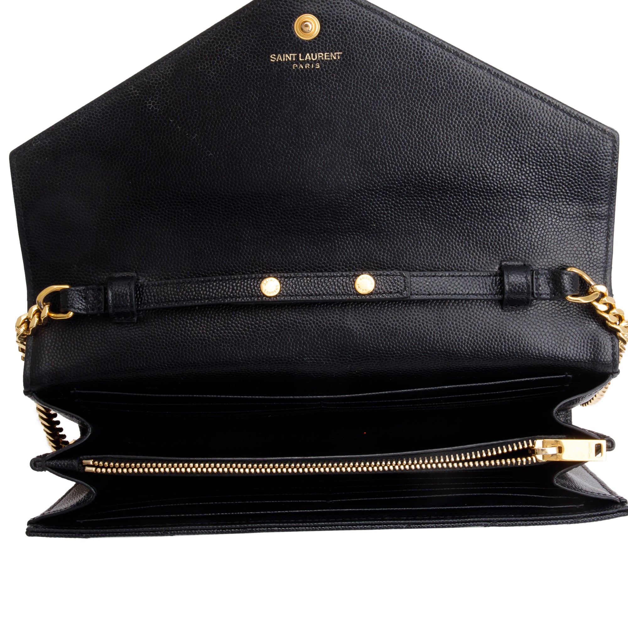 Saint Laurent Black Grain De Poudre Leather Cassandre Matelasse Chain Wallet w/ Box & Receipt