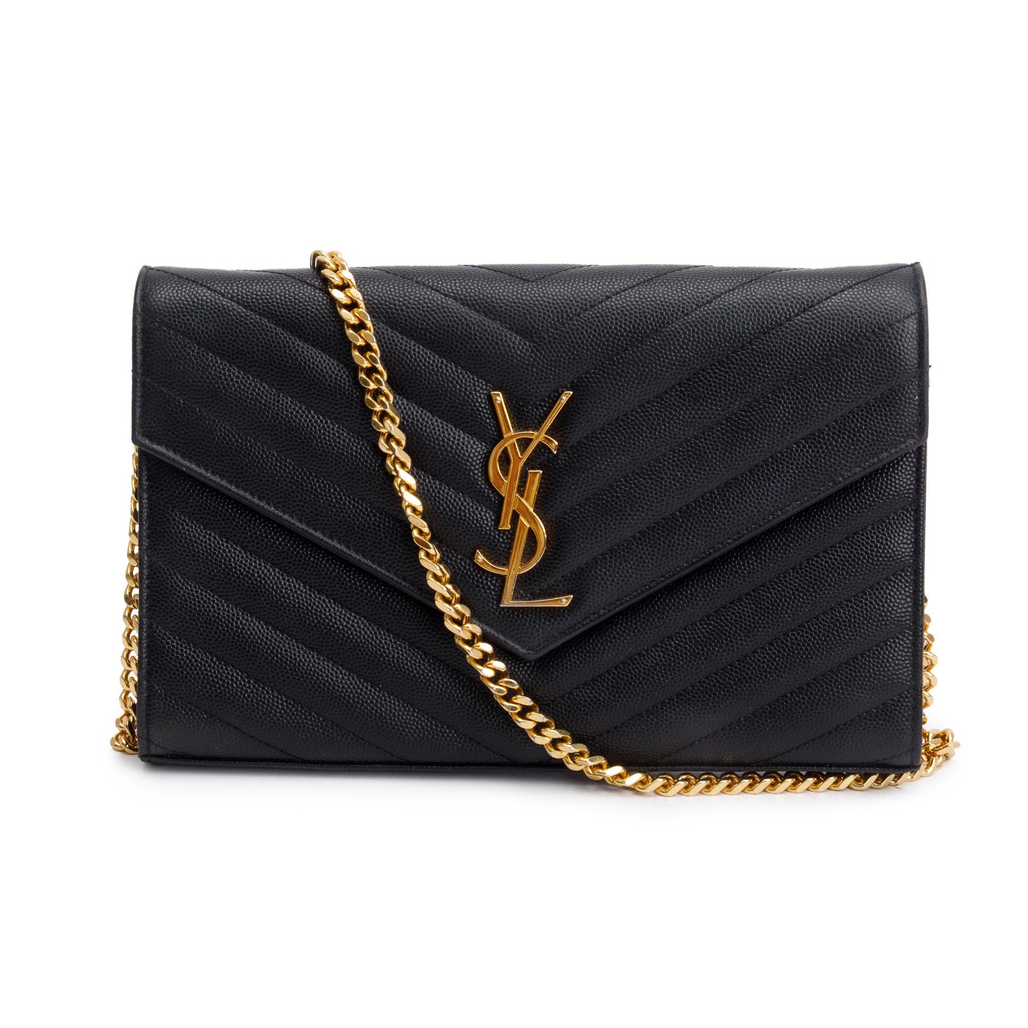 Saint Laurent Black Grain De Poudre Leather Cassandre Matelasse Chain Wallet w/ Box & Receipt