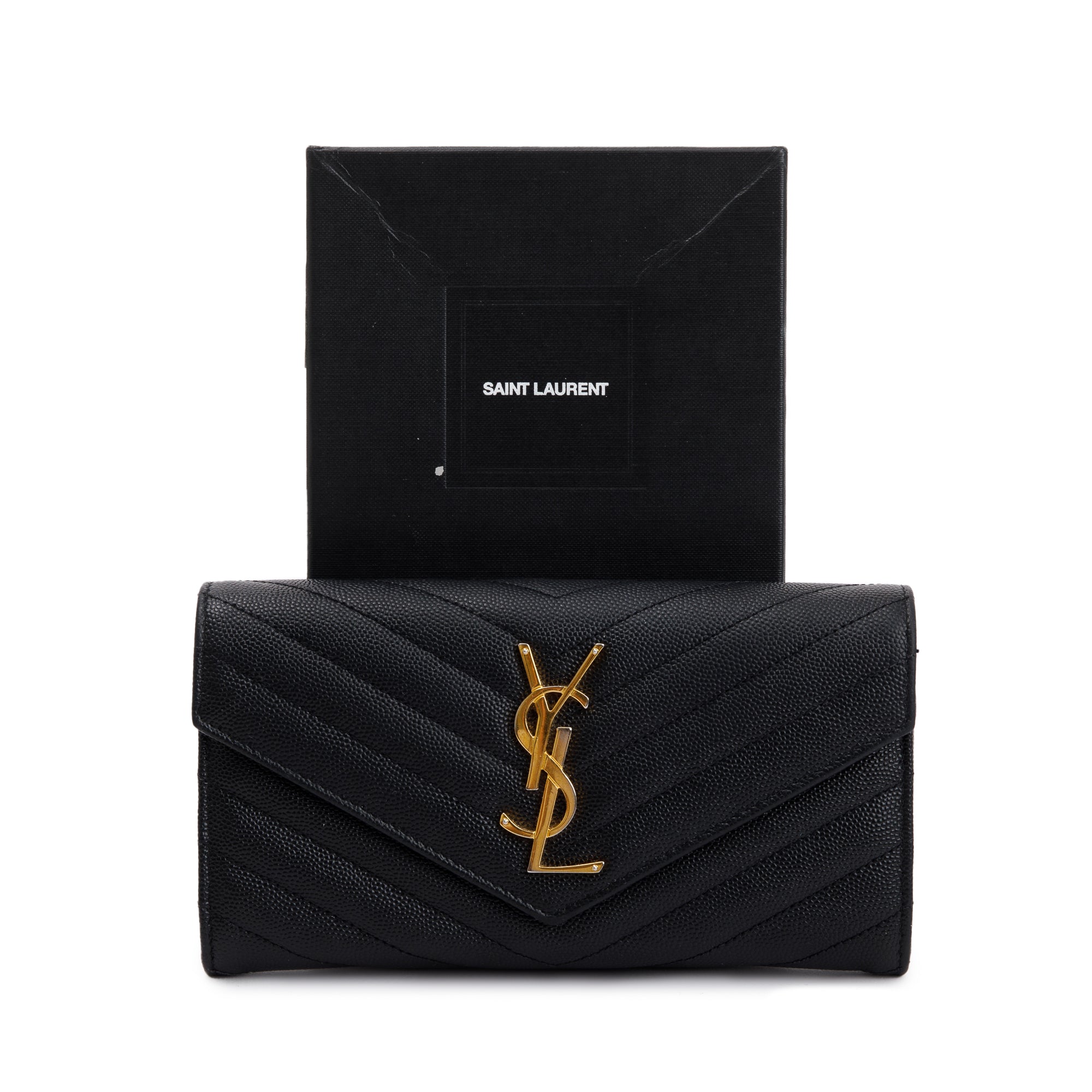 Saint Laurent Black Grain De Poudre Leather Cassandre Matelasse Large Flap Wallet w/ Box
