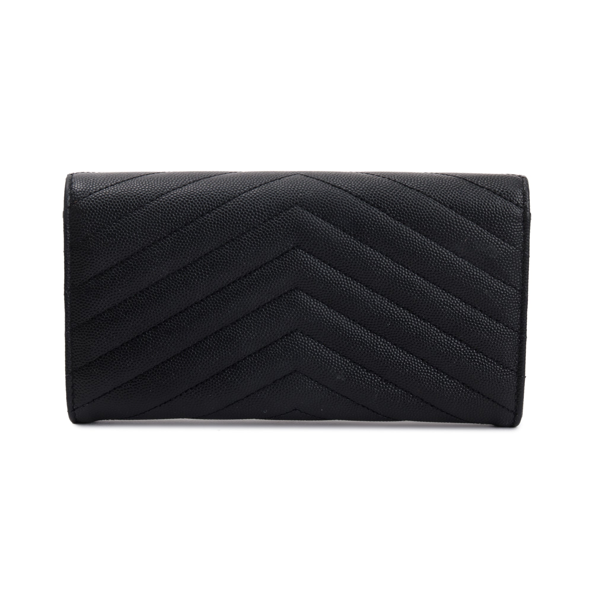 Saint Laurent Black Grain De Poudre Leather Cassandre Matelasse Large Flap Wallet w/ Box