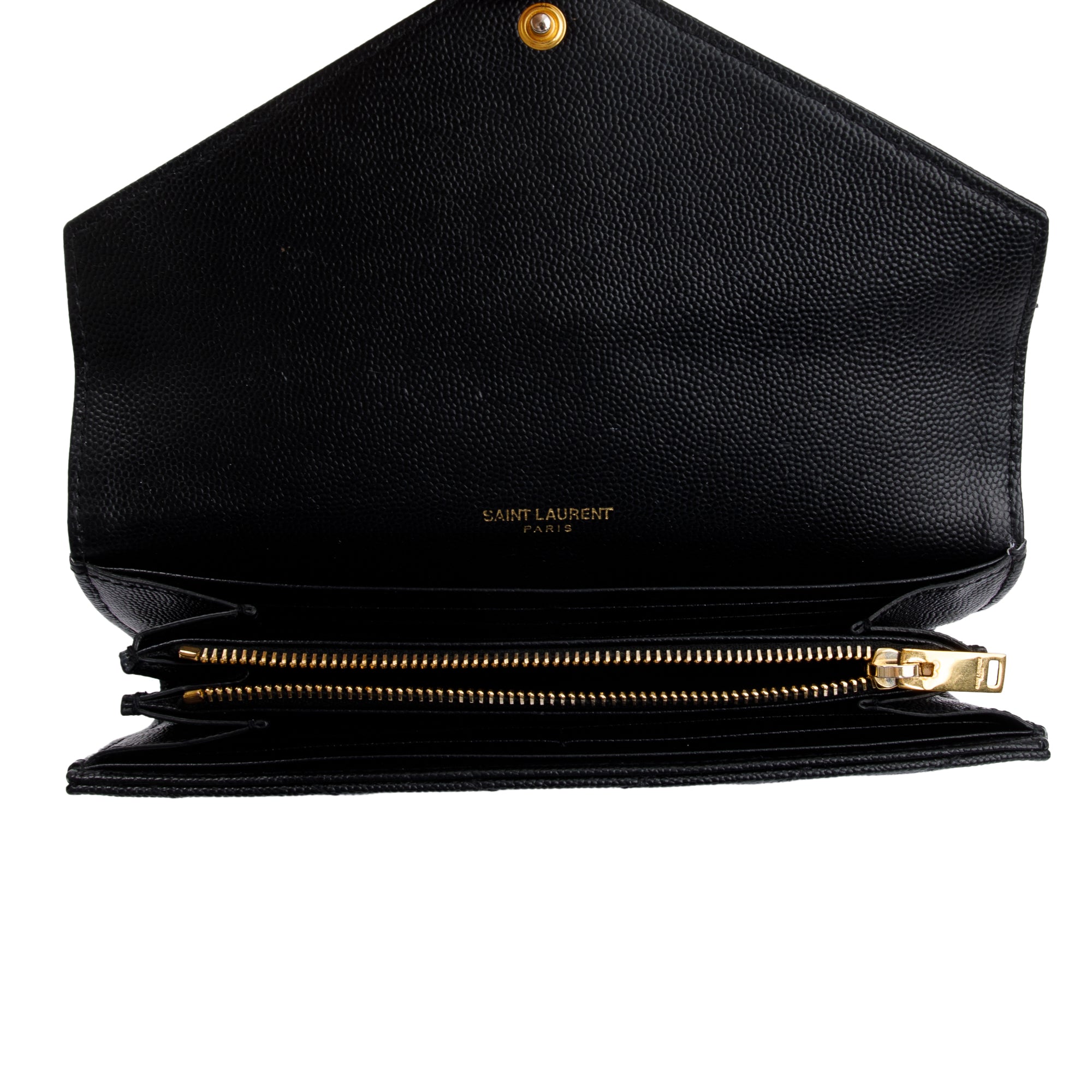 Saint Laurent Black Grain De Poudre Leather Cassandre Matelasse Large Flap Wallet w/ Box