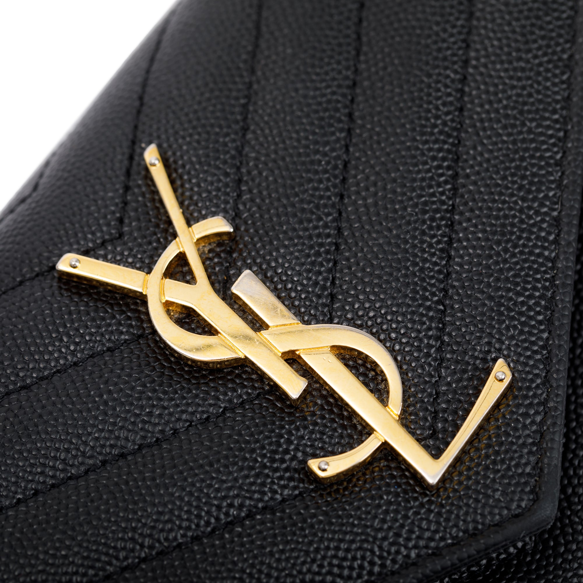 Saint Laurent Black Grain De Poudre Leather Cassandre Matelasse Large Flap Wallet w/ Box