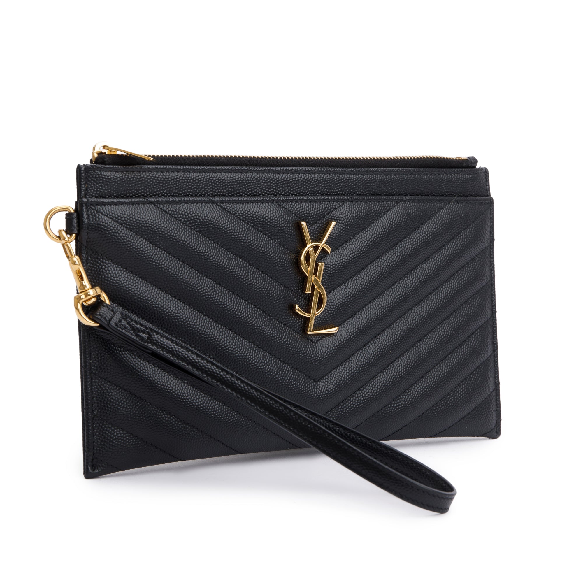 Saint Laurent Black Grain De Poudre Leather Cassandre Matelasse Large Zipped Pouch w/ Stap & Box