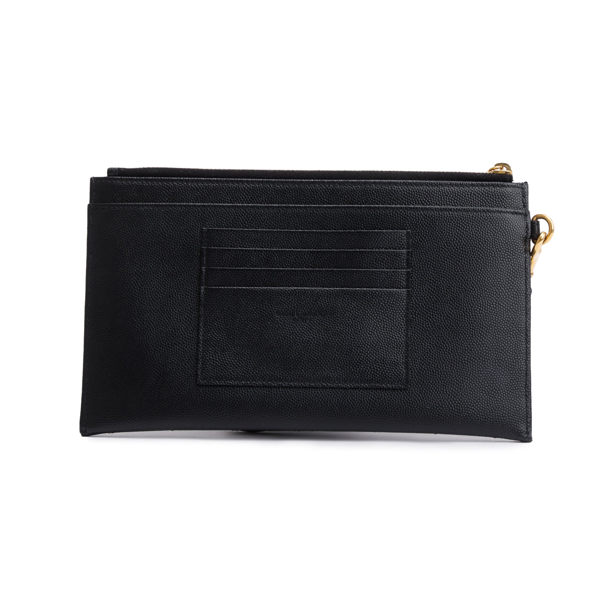 Saint Laurent Black Grain De Poudre Leather Cassandre Matelasse Large Zipped Pouch w/ Stap & Box