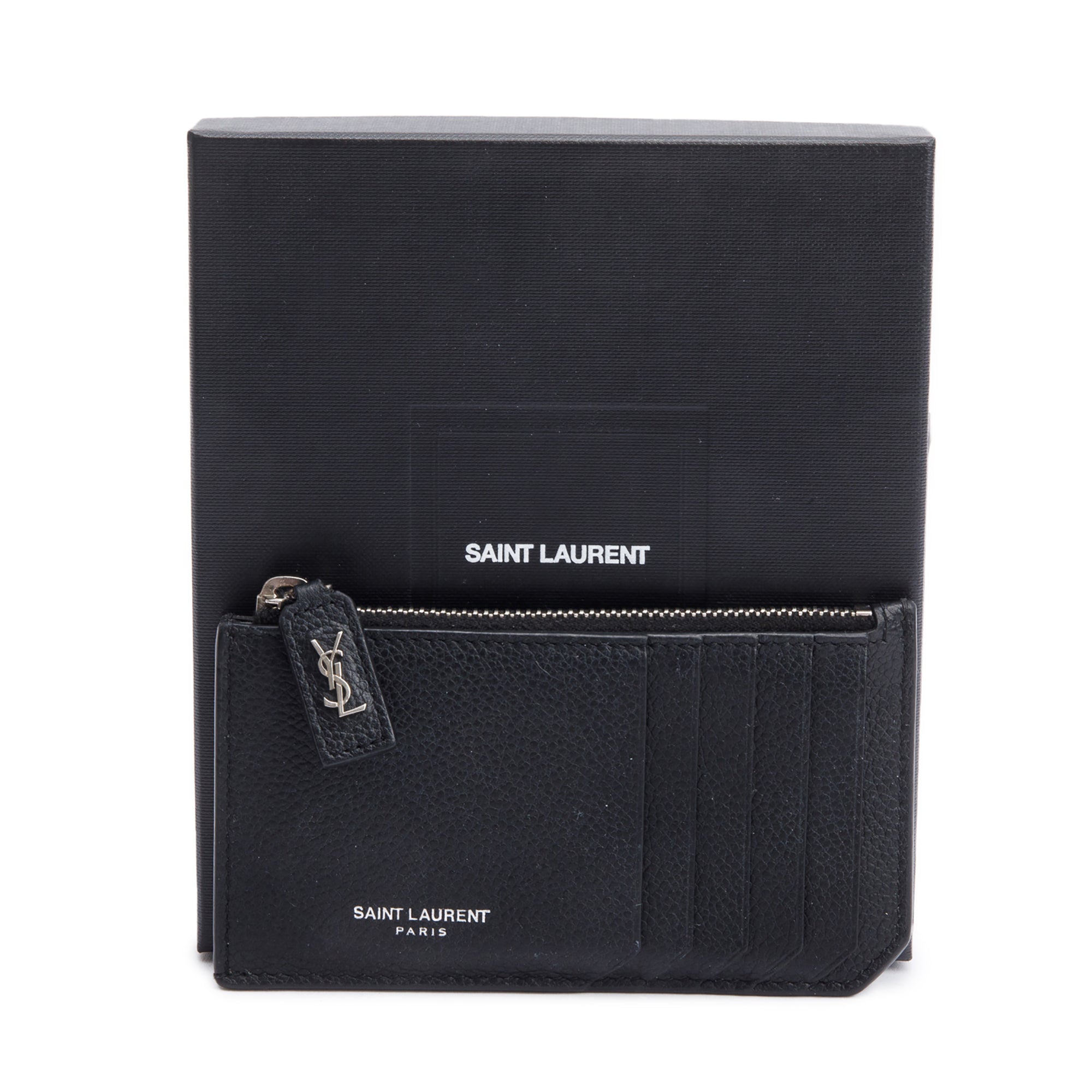 Saint Laurent Black Grain De Poudre Paris Fragments Zipped Card Case w/ Box