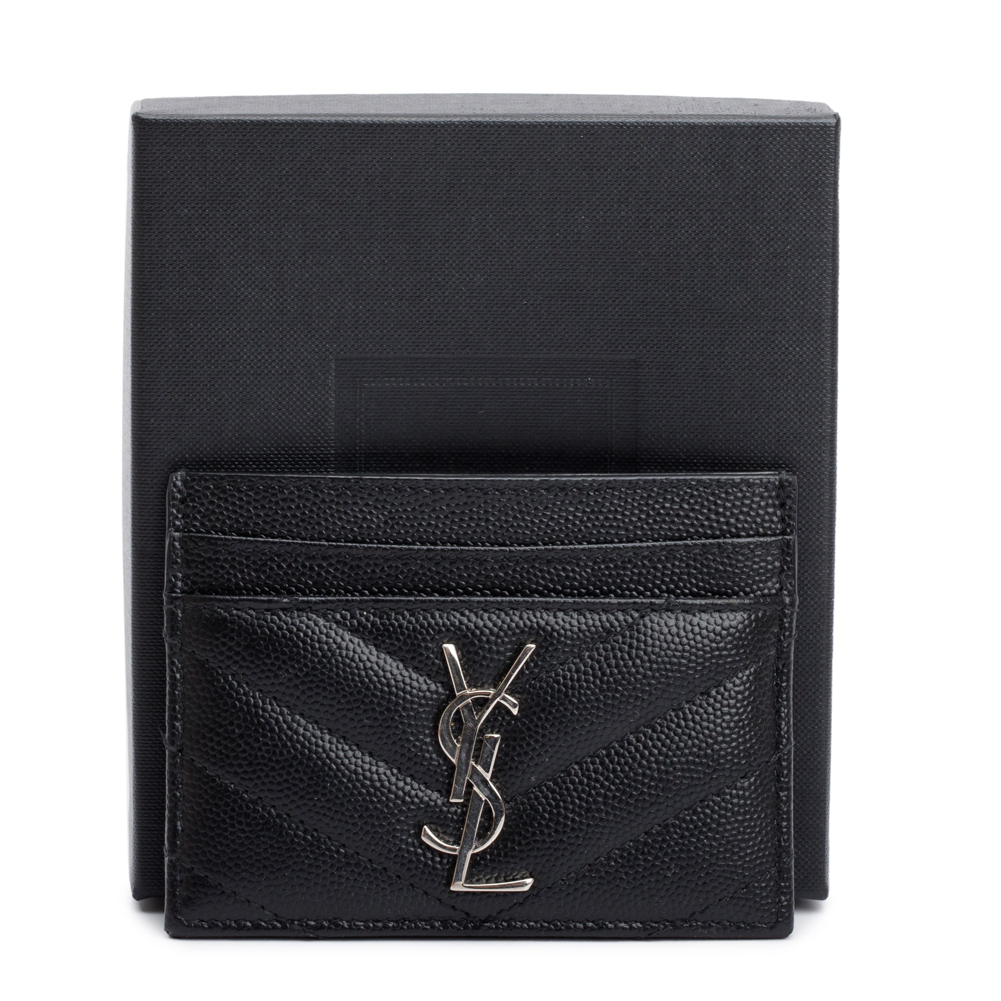 Saint Laurent Black Grain de Poudre Matelasse Chevron Leather Card Holder w/ Box