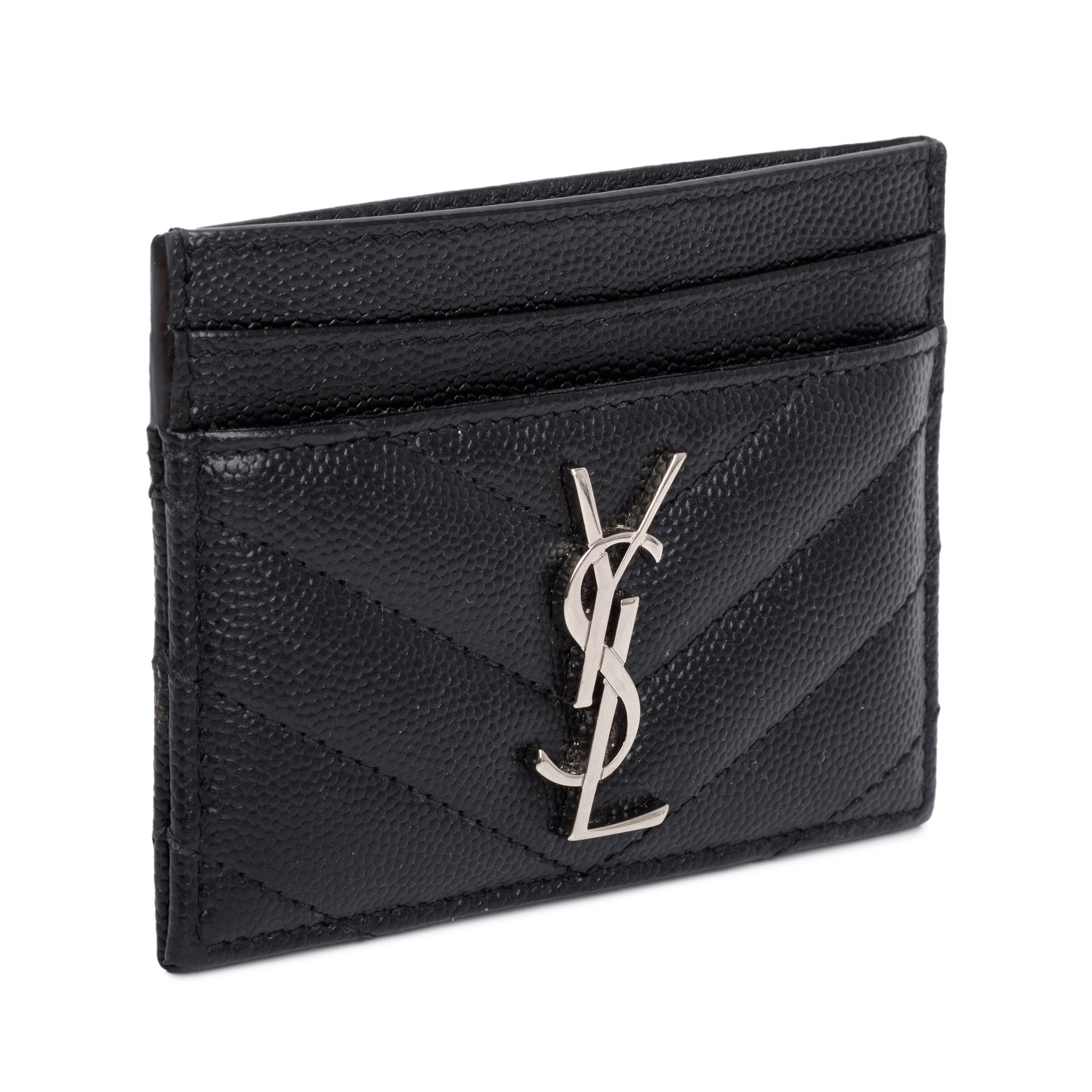 Saint Laurent Black Grain de Poudre Matelasse Chevron Leather Card Holder w/ Box