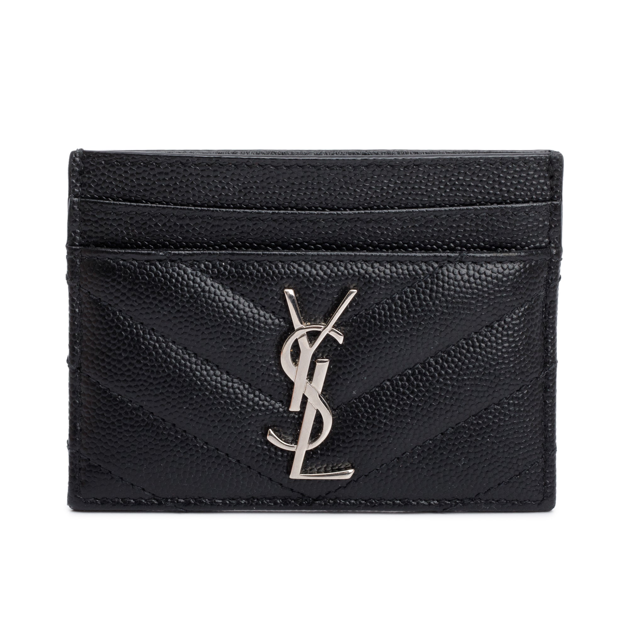 Saint Laurent Black Grain de Poudre Matelasse Chevron Leather Card Holder w/ Box