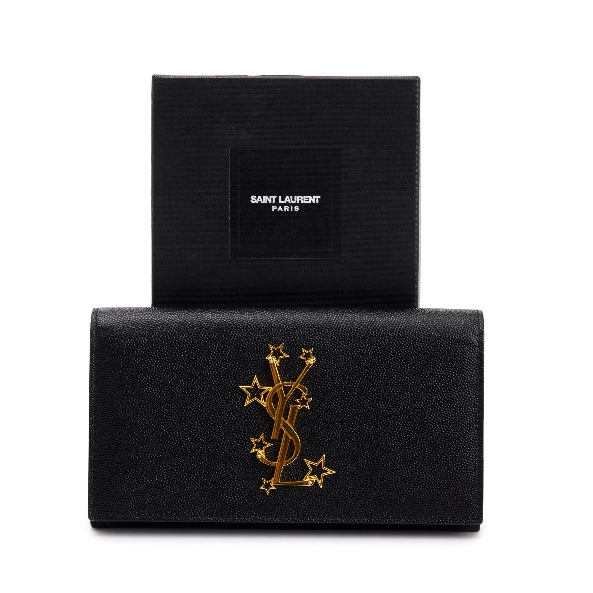 Saint Laurent Black Grain de Poudre Stars Monogram Bi-Fold Long Wallet w/ Box