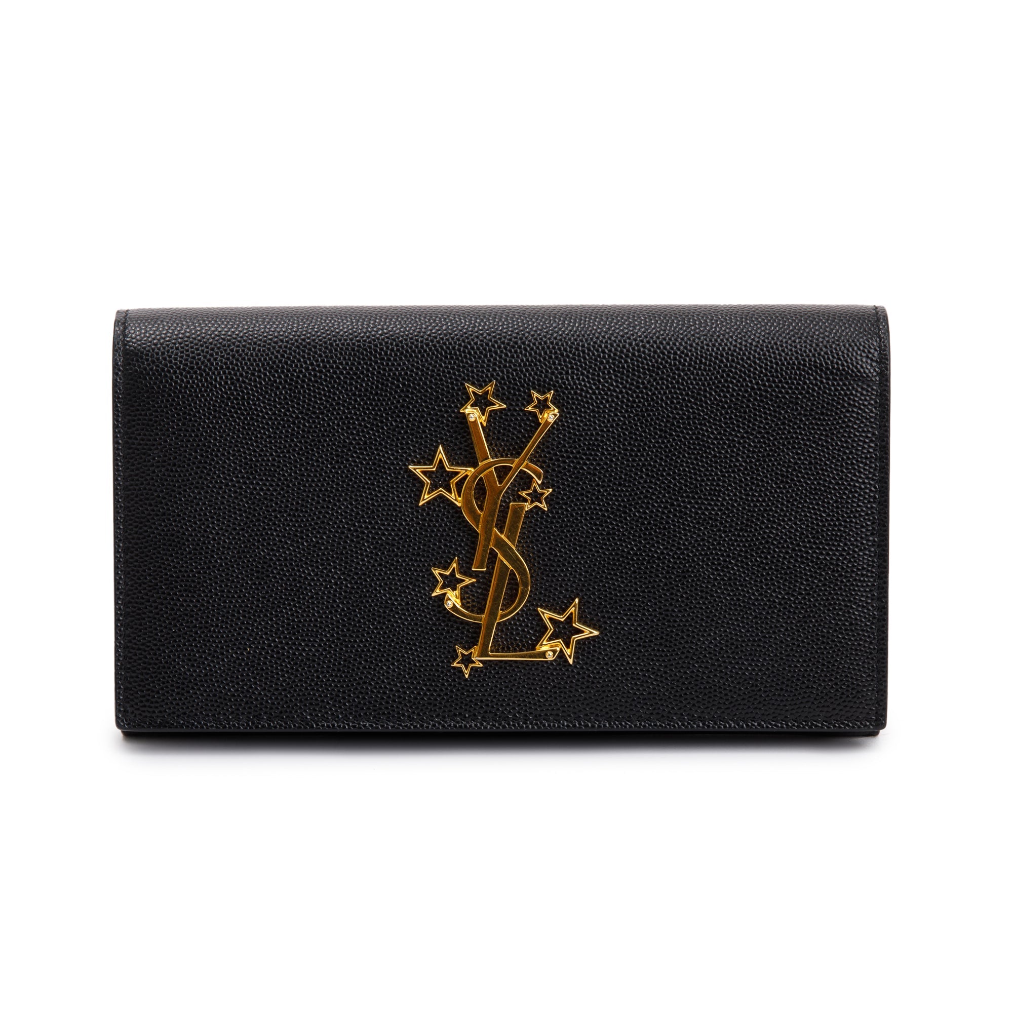 Saint Laurent Black Grain de Poudre Stars Monogram Bi-Fold Long Wallet w/ Box