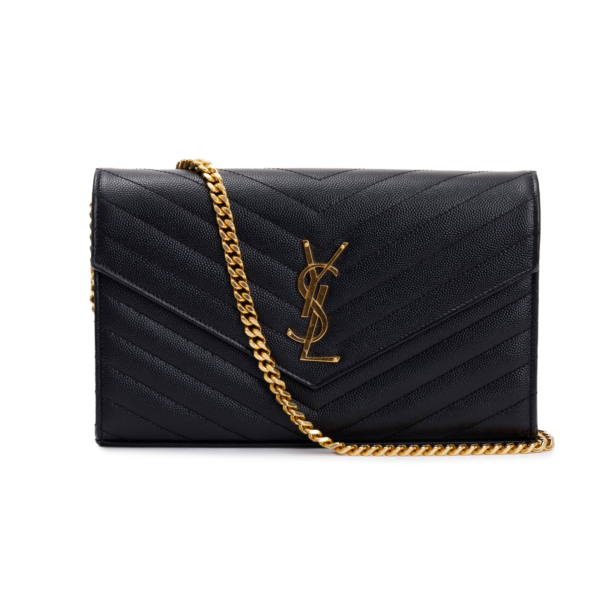 Saint Laurent Black Grained De Poudre Cassandre Matelasse Chain Wallet