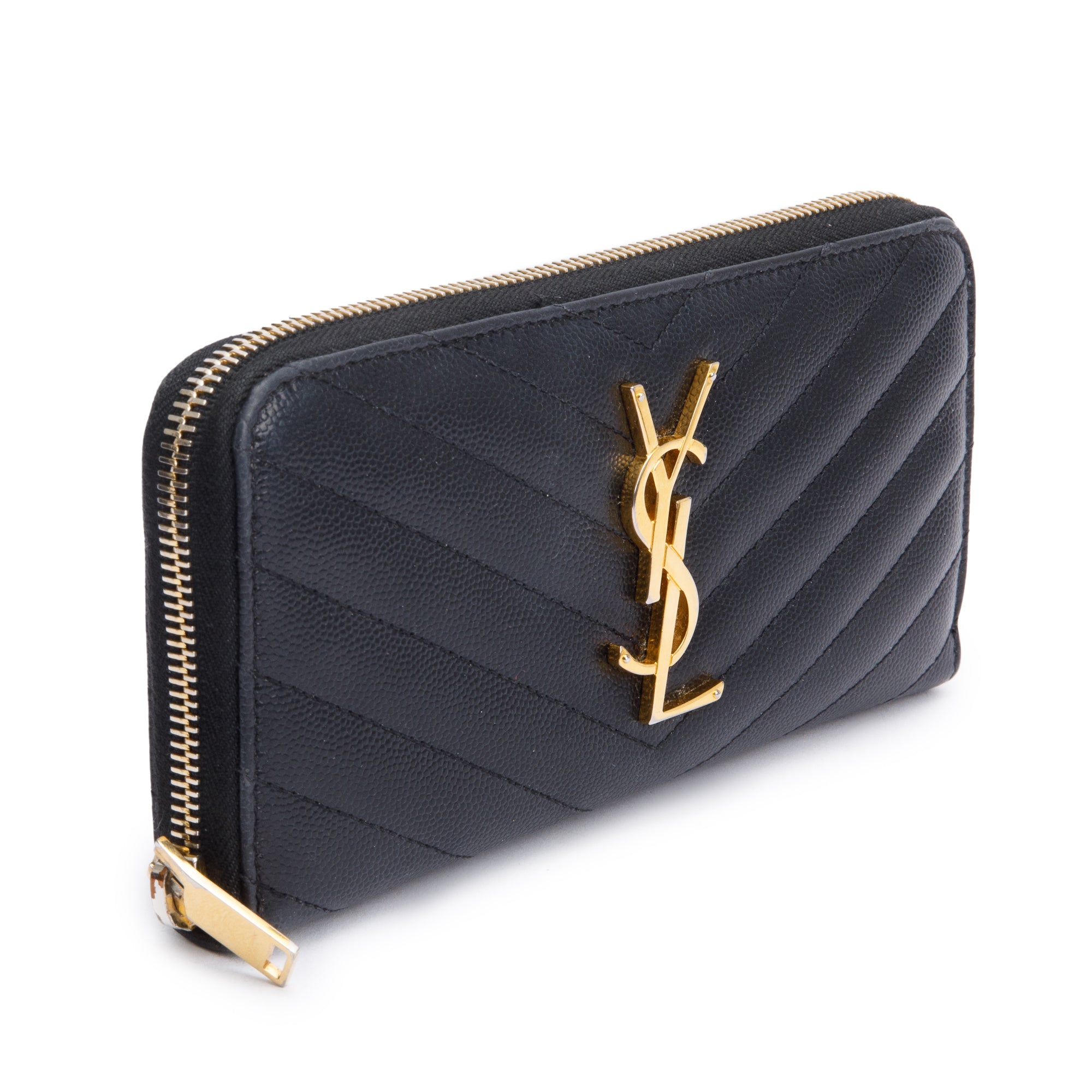 Saint Laurent Black Grained De Poudre Cassandre Matelasse Zip Around Wallet