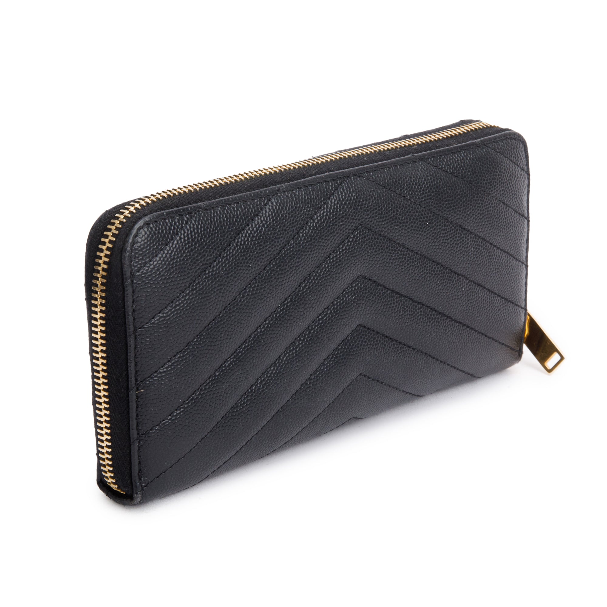 Saint Laurent Black Grained De Poudre Cassandre Matelasse Zip Around Wallet