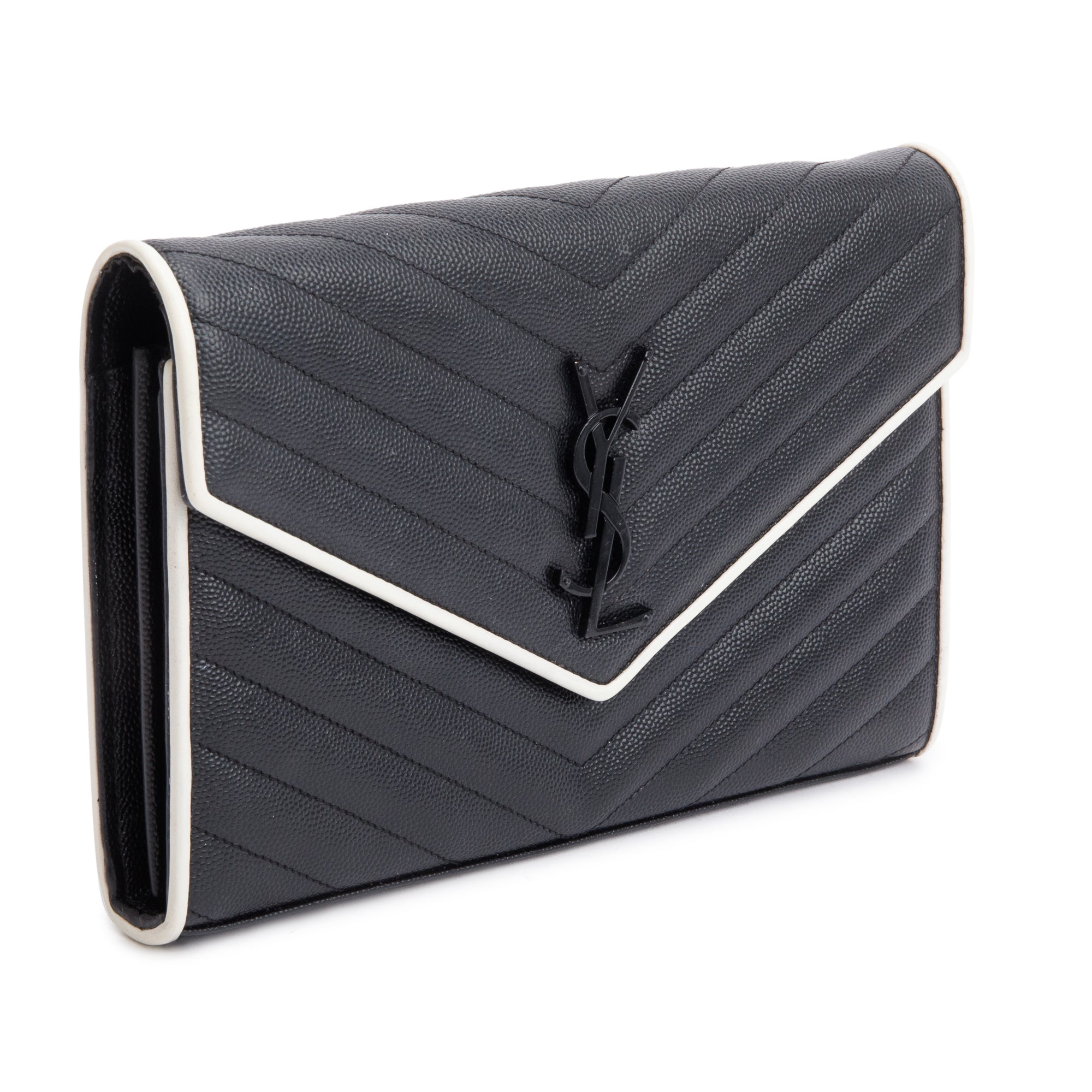 Saint Laurent Black Grained De Poudre White Contrast Trim Cassandre Matelasse Chain Wallet