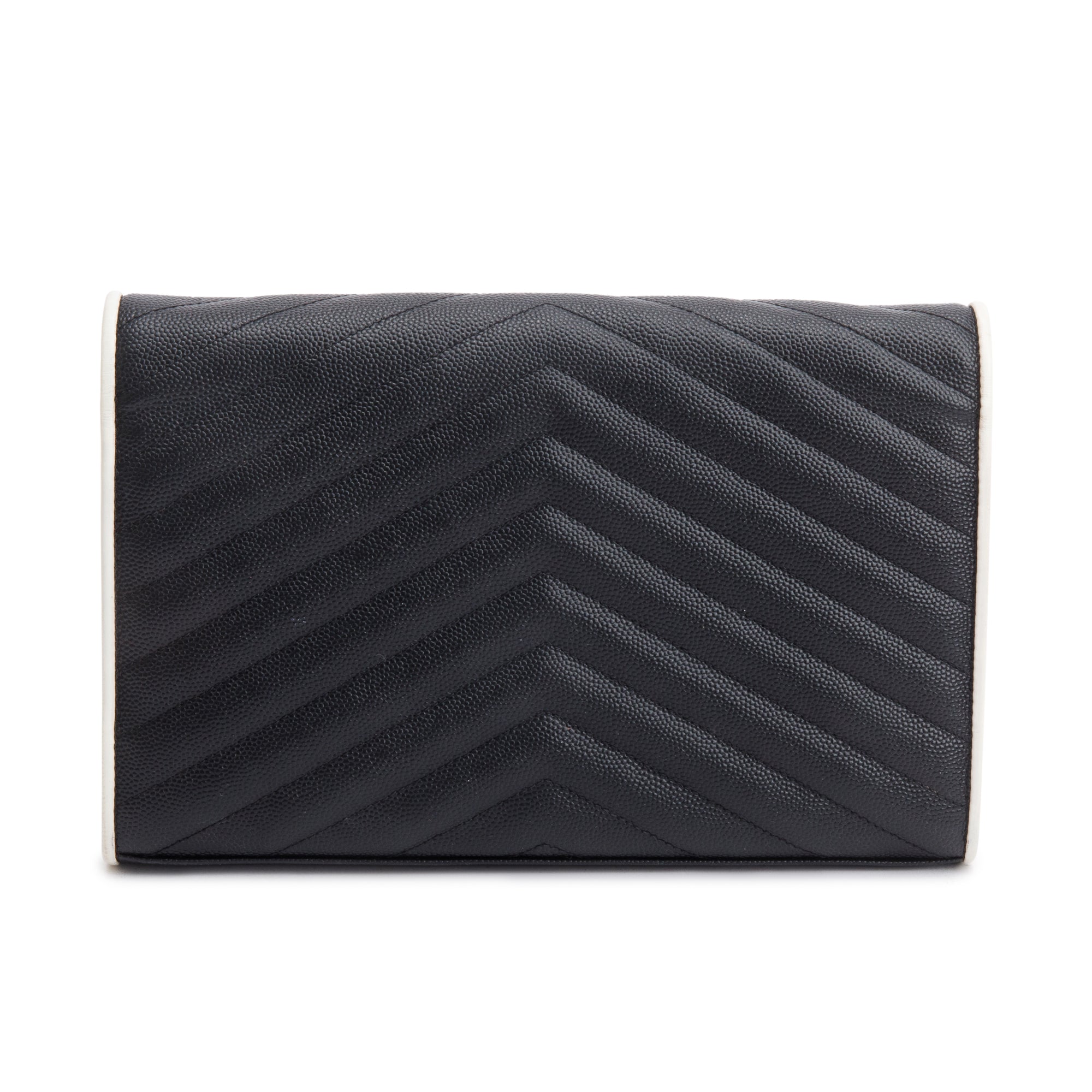 Saint Laurent Black Grained De Poudre White Contrast Trim Cassandre Matelasse Chain Wallet