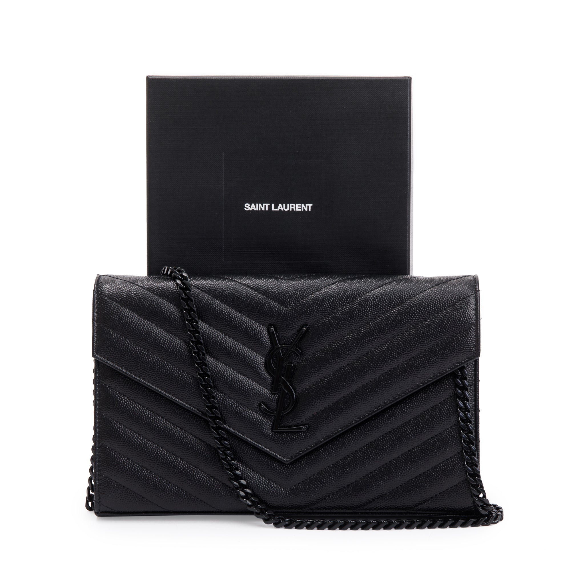 Saint Laurent Black Grained de Poudre Cassandre Matelasse Chain Wallet w/ Box
