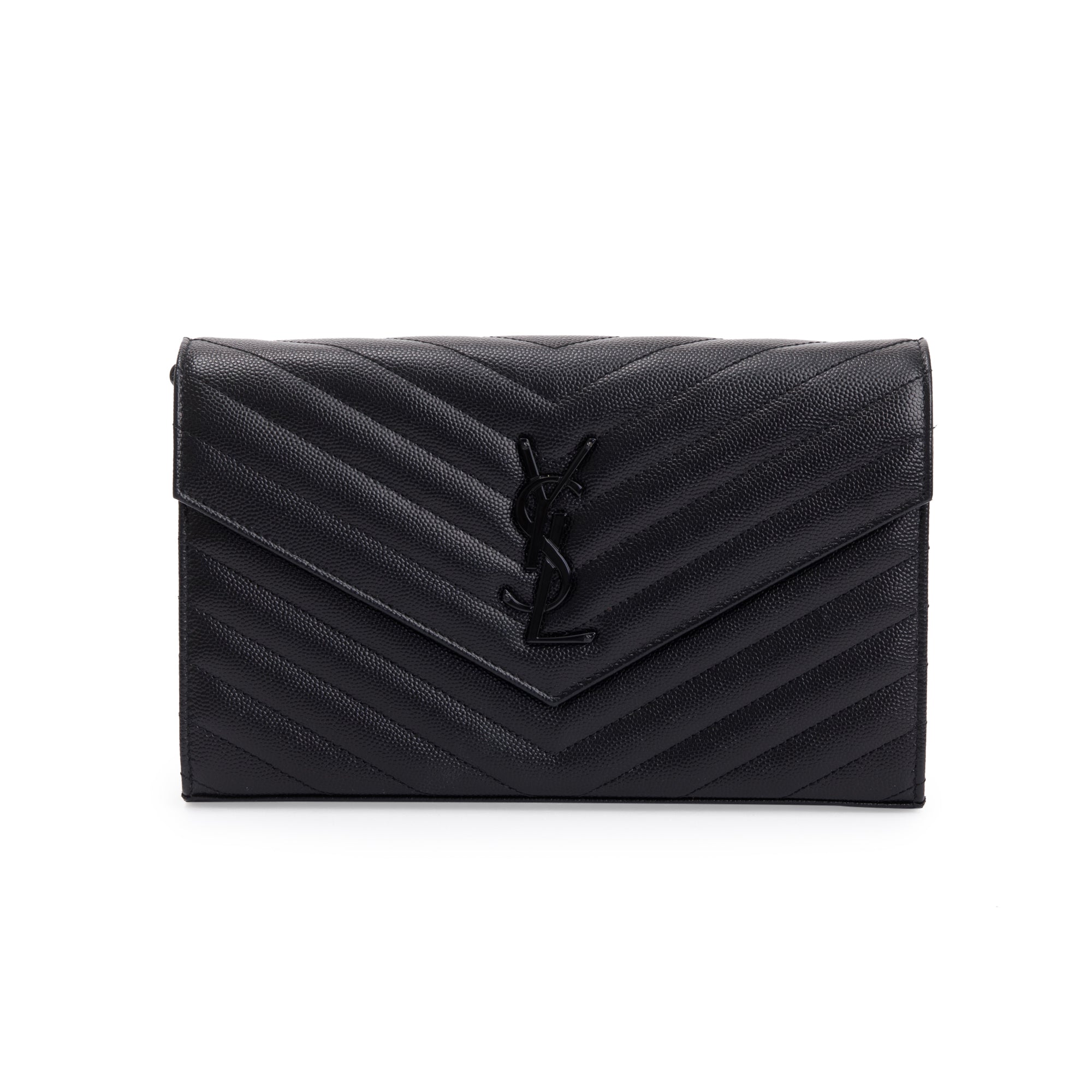 Saint Laurent Black Grained de Poudre Cassandre Matelasse Chain Wallet w/ Box