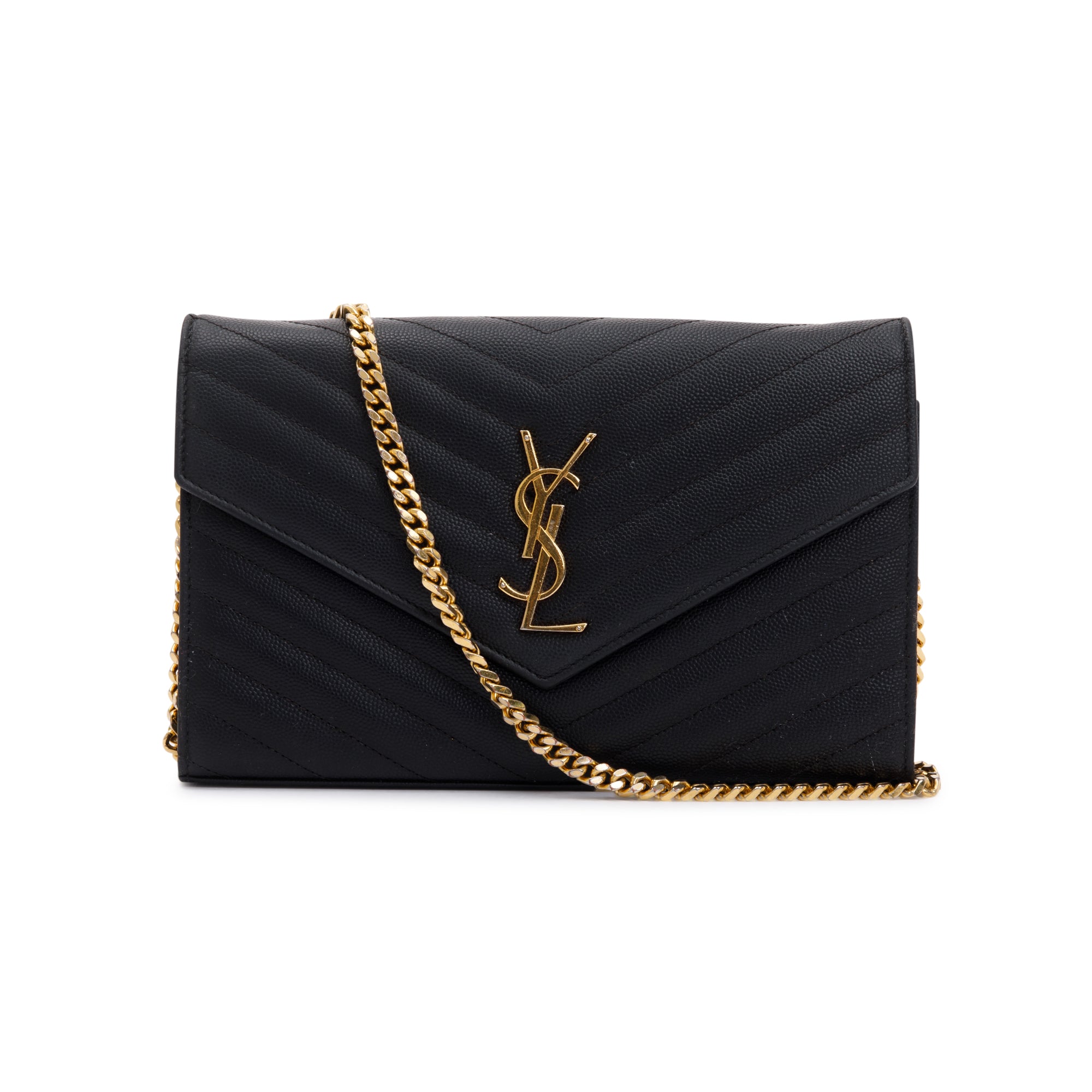 Saint Laurent Black Grained de Poudre Cassandre Matelasse Chain Wallet