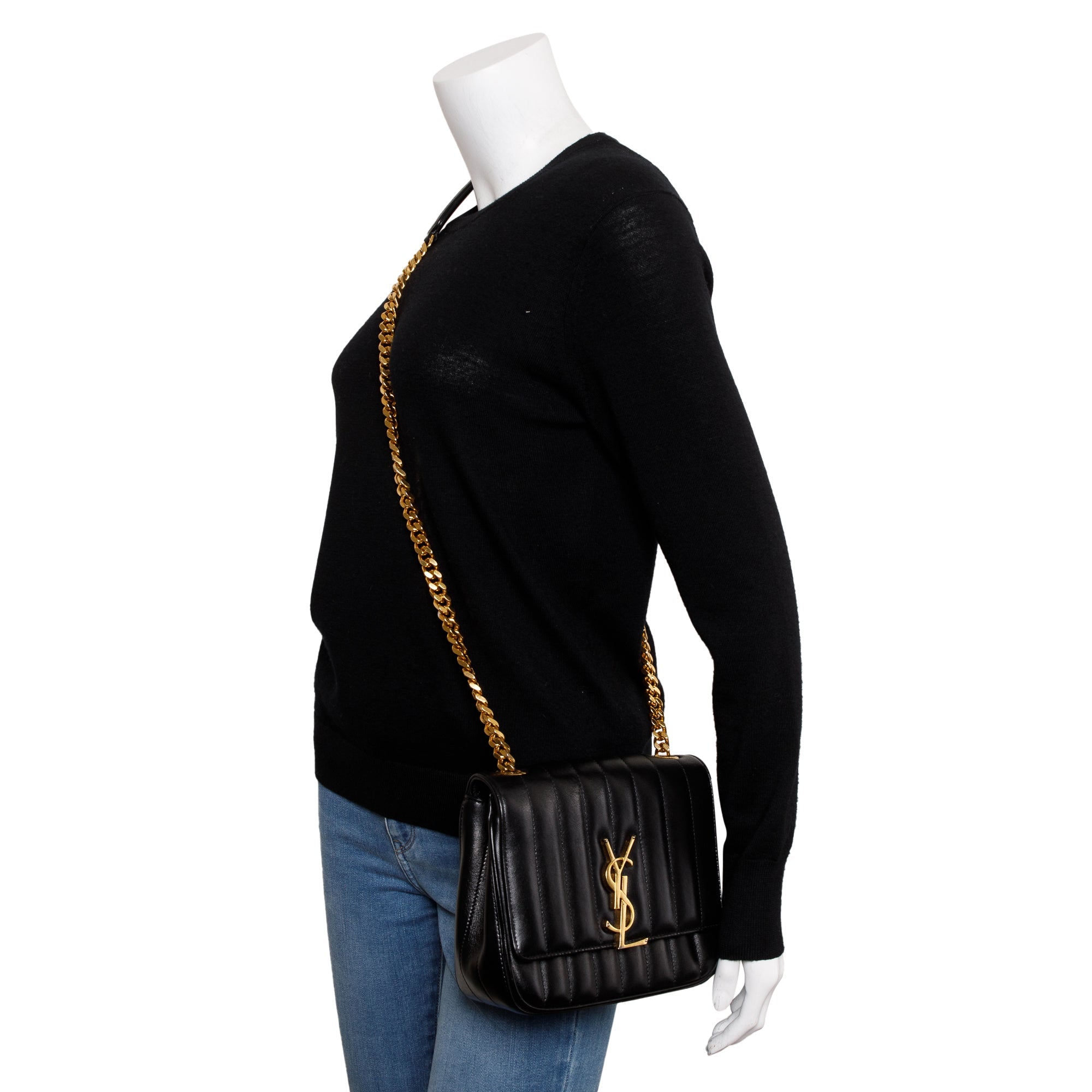 Saint Laurent Black Lambskin Matelasse Medium Monogram Vicky Chain Bag