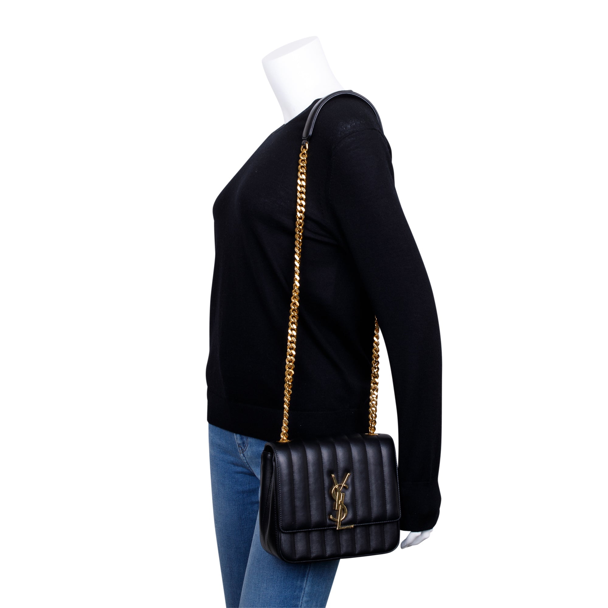 Saint Laurent Black Lambskin Matelasse Medium Monogram Vicky Chain Bag