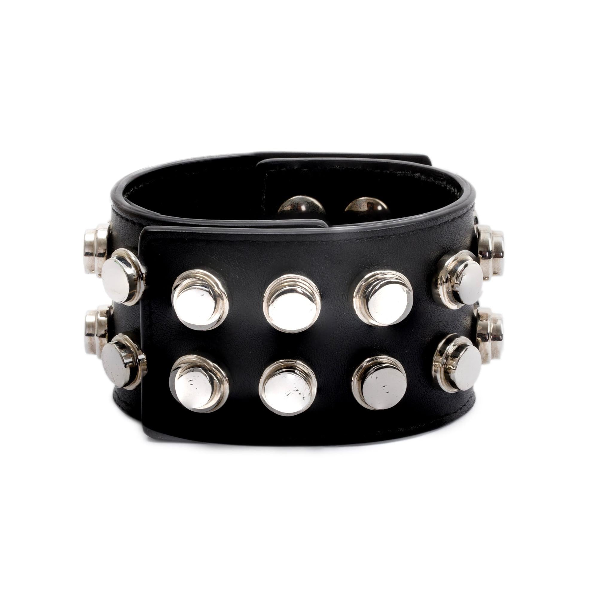 Saint Laurent Black Leather De Force Two Row Studded Wrap Bracelet