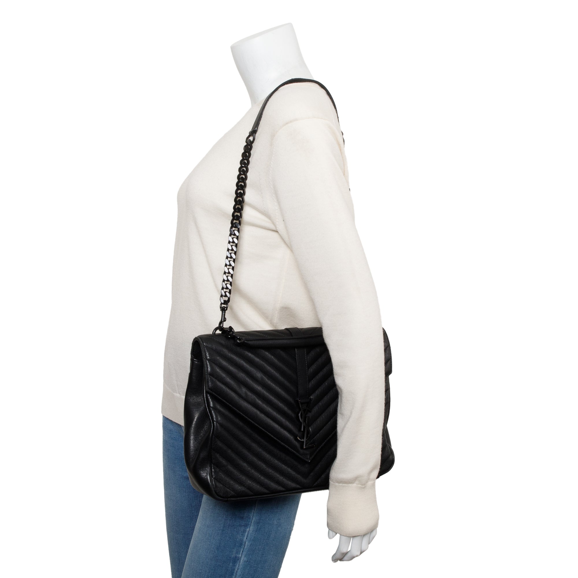 Saint Laurent Black Leather Large Chevron College Bag