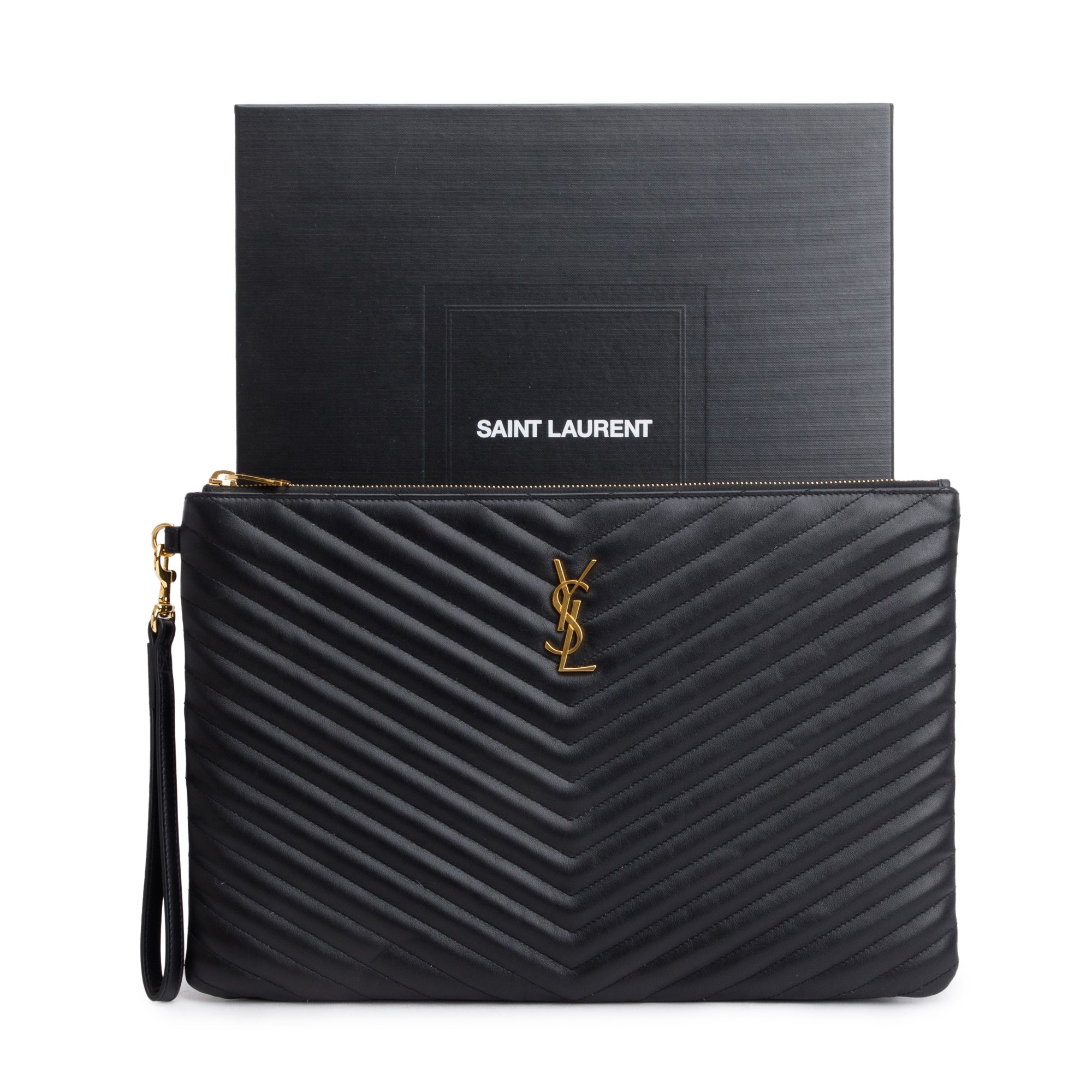 Saint Laurent Black Matelasse Leather Large Document Pouch w/ Box