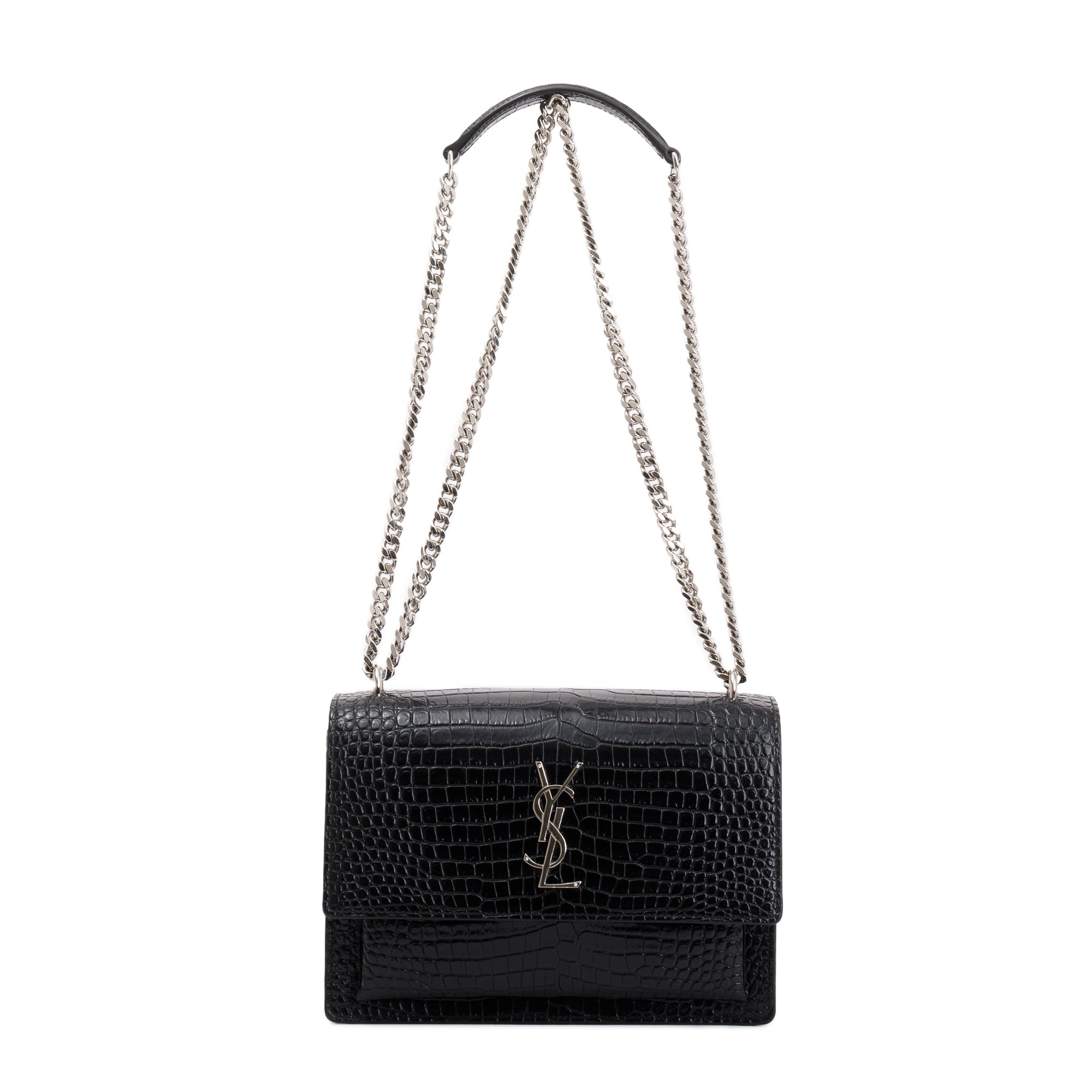 Saint Laurent Black Medium Crocodile Embossed Sunset Bag