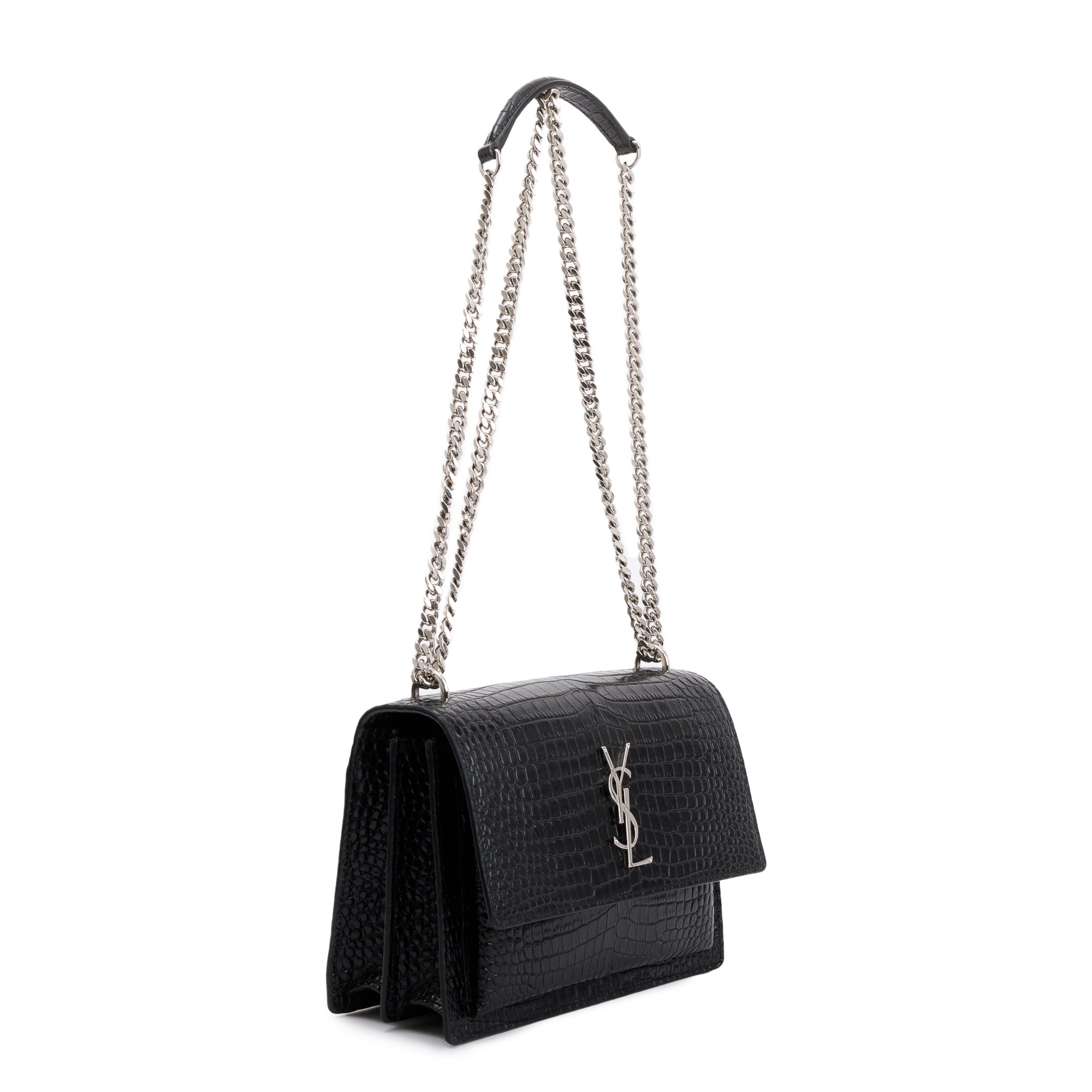 Saint Laurent Black Medium Crocodile Embossed Sunset Bag